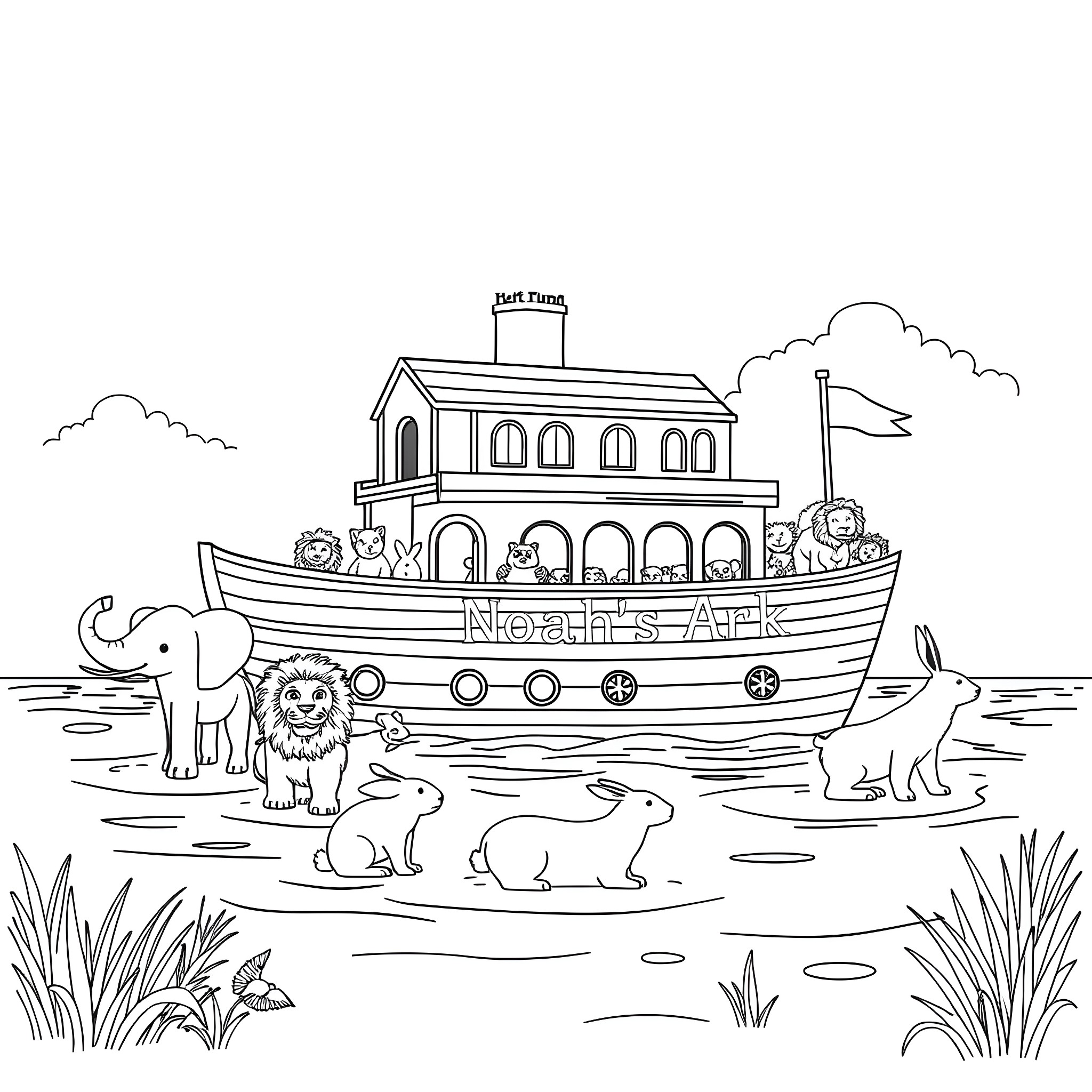 Noah's Ark with animals aboard the ship Coloring Page (free black-and-white line drawing printable PDF for all, from beginners to advanced learners, including children, teens, adults, and seniors)