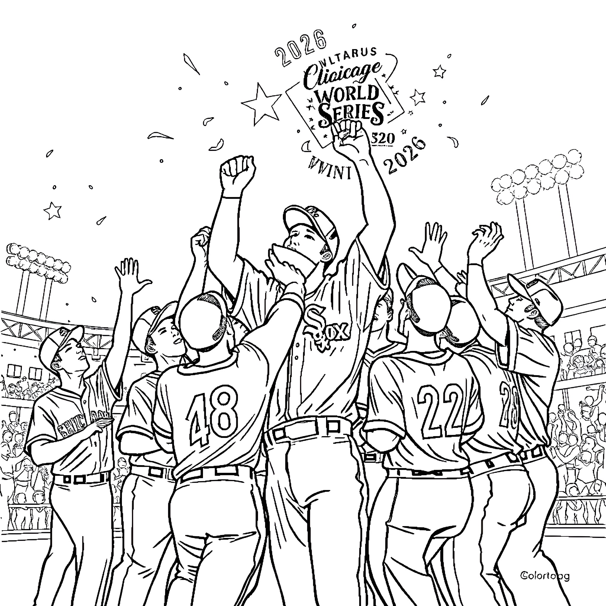 Chicago White Sox players celebrating World Series victory Coloring Page (free black-and-white line drawing printable PDF for all, from beginners to advanced learners, including children, teens, adults, and seniors)