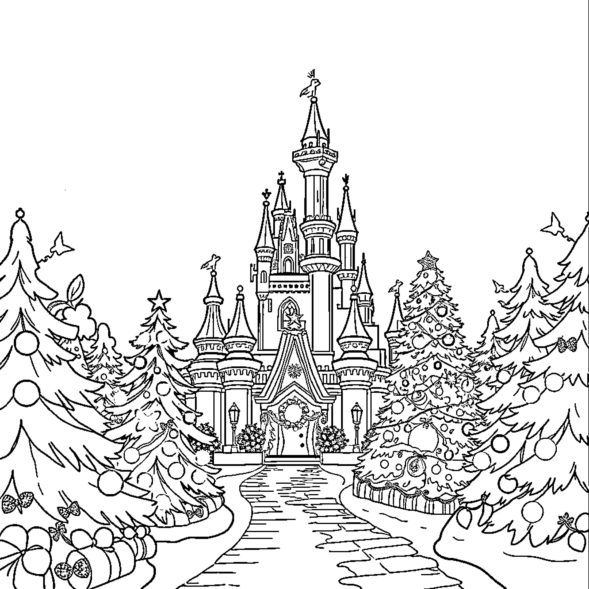 Disney Castle in Snowy Winter Wonderland Coloring Page (free black-and-white line drawing printable PDF for all, from beginners to advanced learners, including children, teens, adults, and seniors)