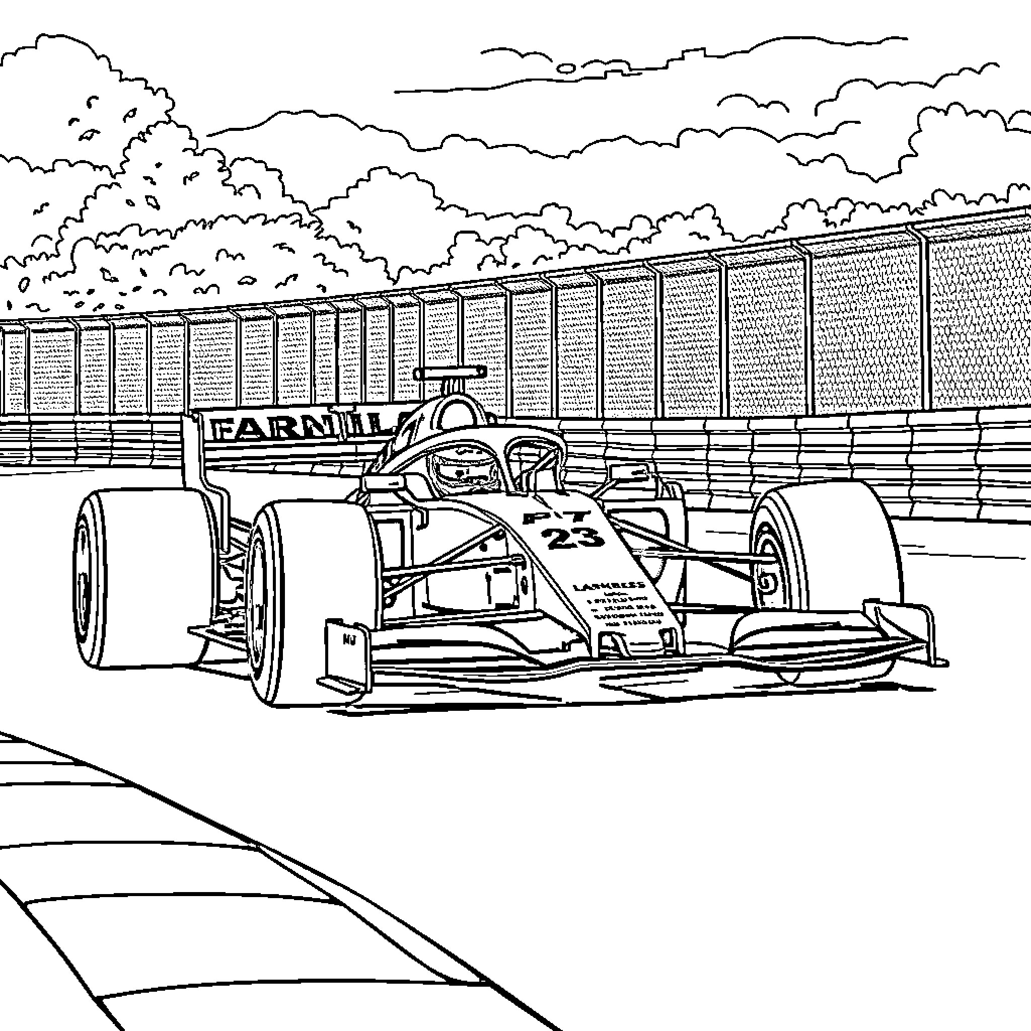 Formula 1 Race Car on the Track Coloring Page (free black-and-white line drawing printable PDF for all, from beginners to advanced learners, including children, teens, adults, and seniors)