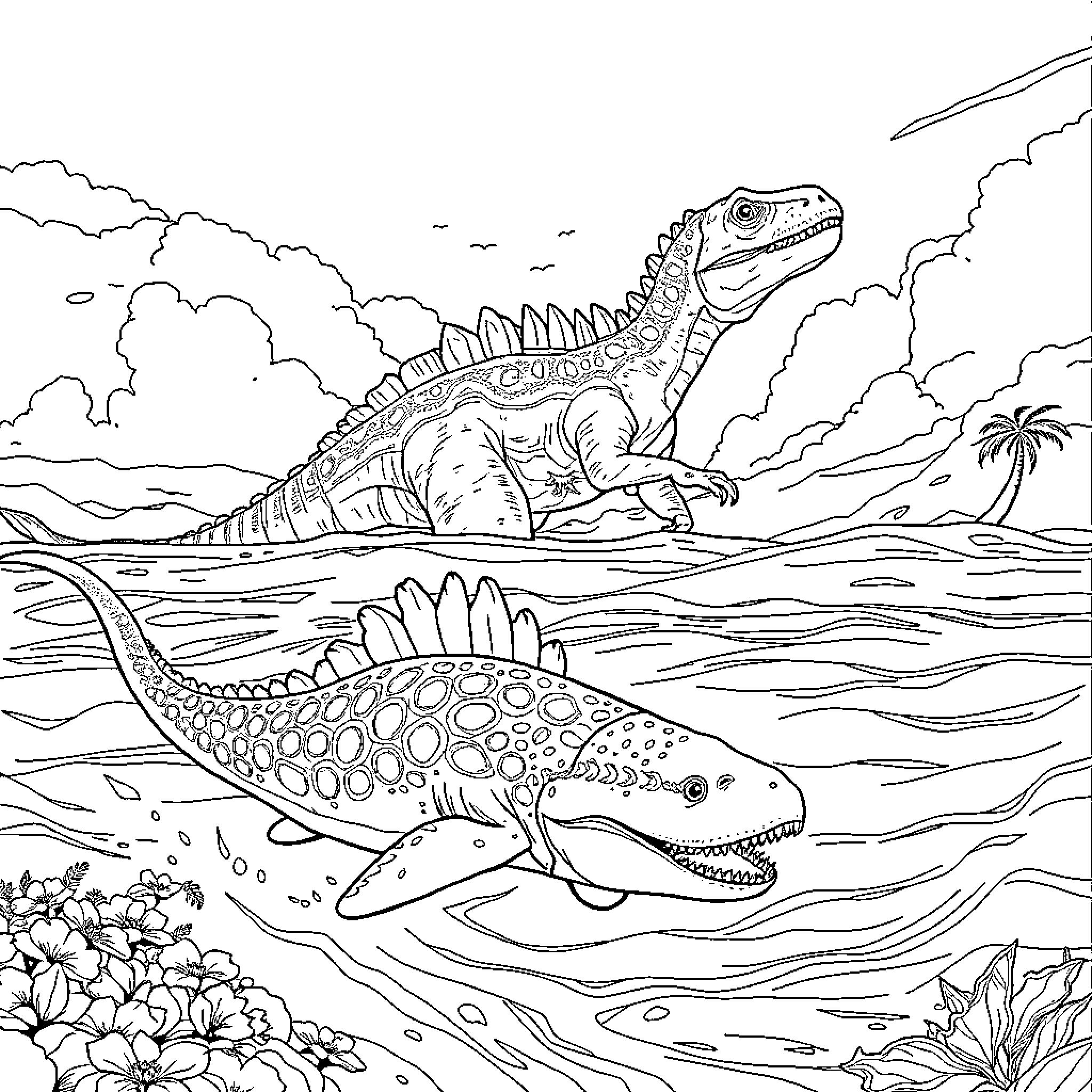 Mosasaurus exploring the prehistoric aquatic ecosystem Coloring Page (free black-and-white line drawing printable PDF for all, from beginners to advanced learners, including children, teens, adults, and seniors)