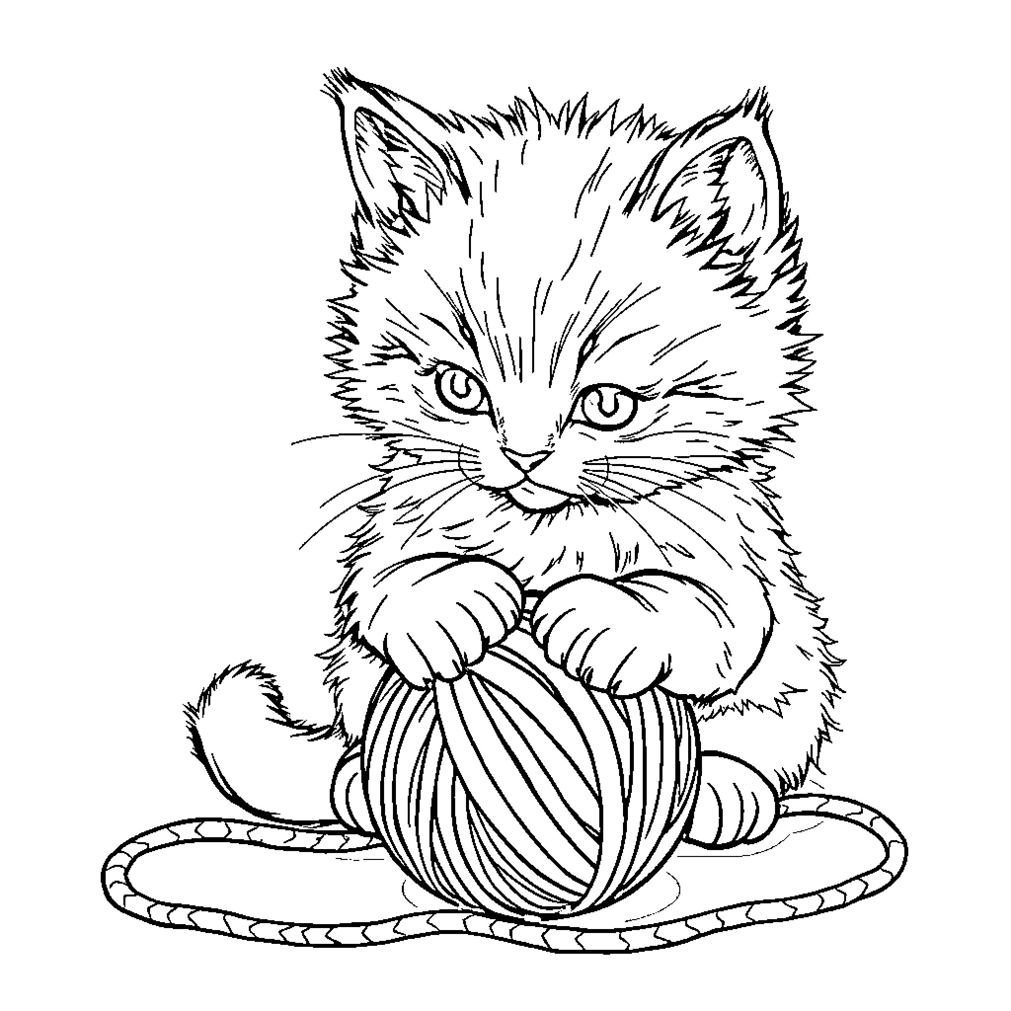 Kitten playing with ball of yarn Coloring Page (free black-and-white line drawing printable PDF for all, from beginners to advanced learners, including children, teens, adults, and seniors)