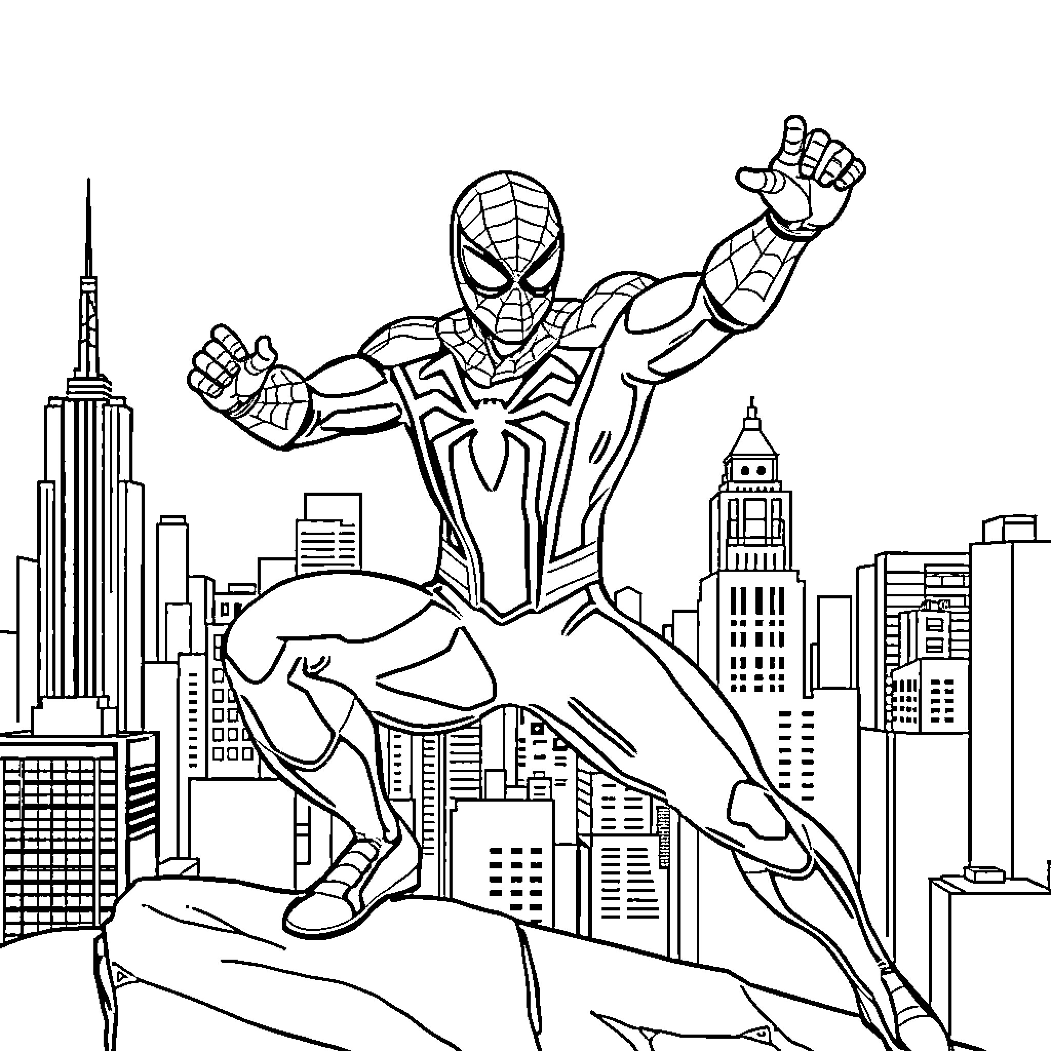 Spider-Man swinging and leaping through the city skyline Coloring Page (free black-and-white line drawing printable PDF for all, from beginners to advanced learners, including children, teens, adults, and seniors)