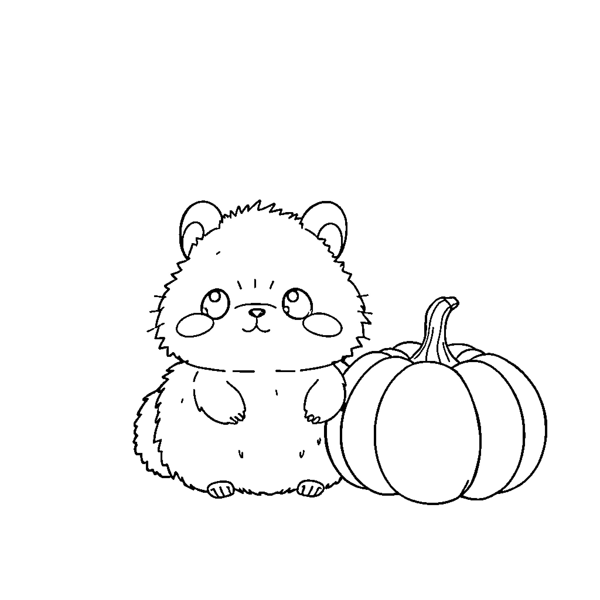 Pompompurin's cozy autumn adventure with pumpkin Coloring Page (free black-and-white line drawing printable PDF for all, from beginners to advanced learners, including children, teens, adults, and seniors)
