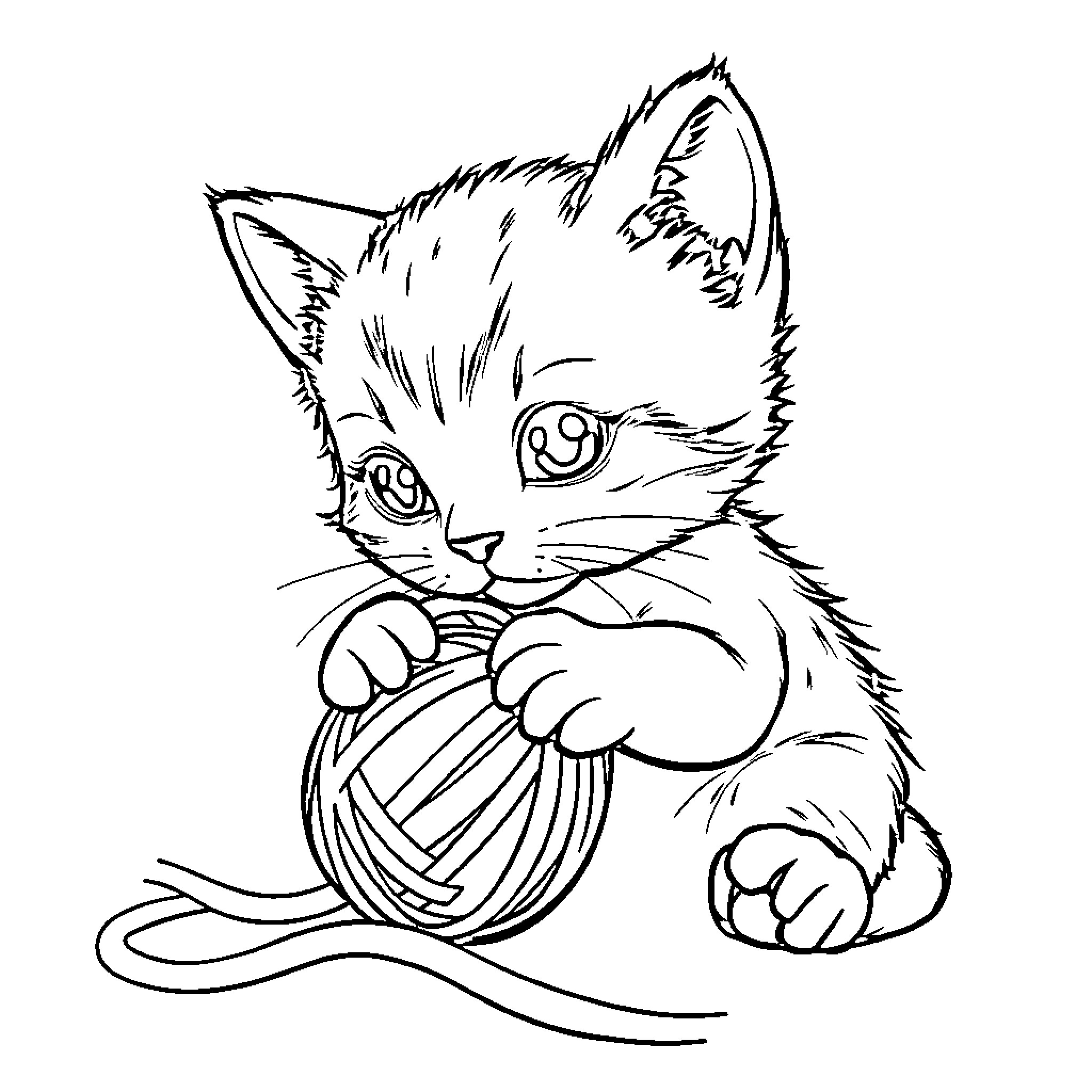 Cat playing with yarn Coloring Page (free black-and-white line drawing printable PDF for all, from beginners to advanced learners, including children, teens, adults, and seniors)