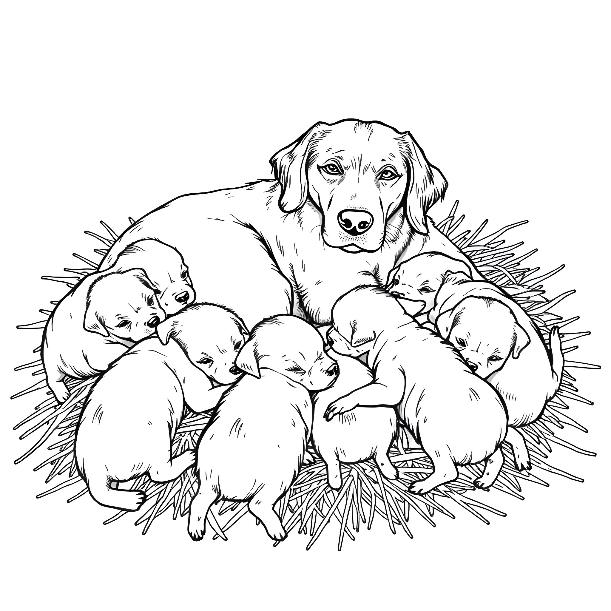 Dog with adorable puppies in cozy nest Coloring Page (free black-and-white line drawing printable PDF for all, from beginners to advanced learners, including children, teens, adults, and seniors)