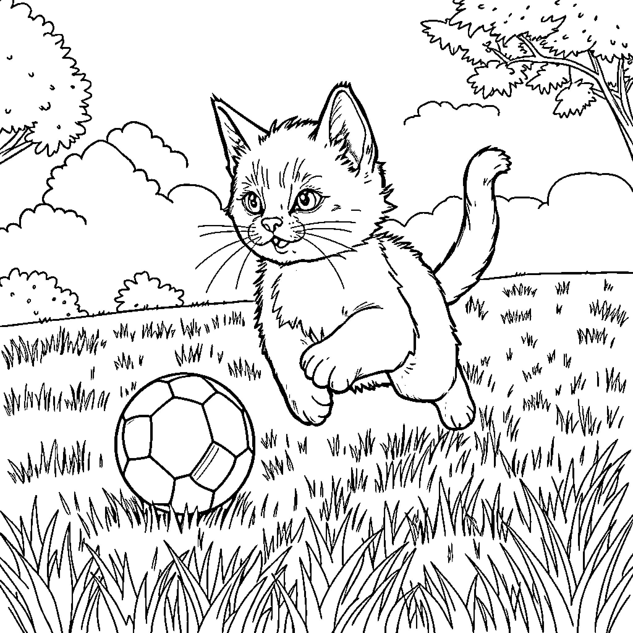 Siamese Kitten playing with a soccer ball in the grass Coloring Page (free black-and-white line drawing printable PDF for all, from beginners to advanced learners, including children, teens, adults, and seniors)