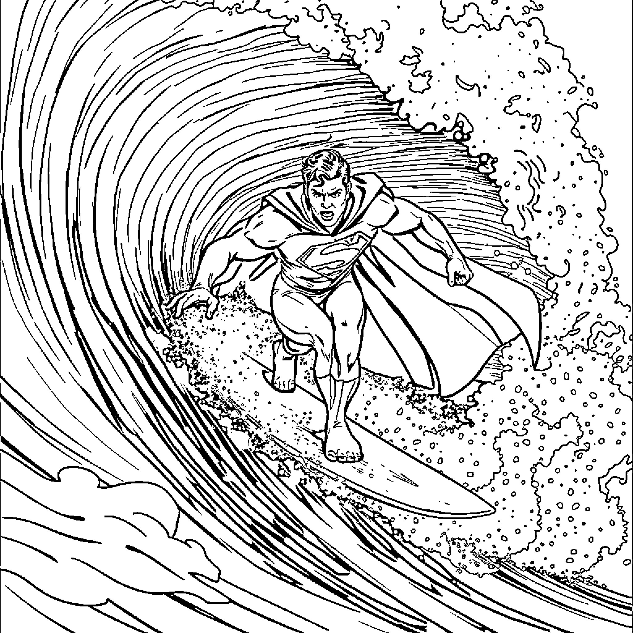Superman surfing through massive ocean waves Coloring Page (free black-and-white line drawing printable PDF for all, from beginners to advanced learners, including children, teens, adults, and seniors)