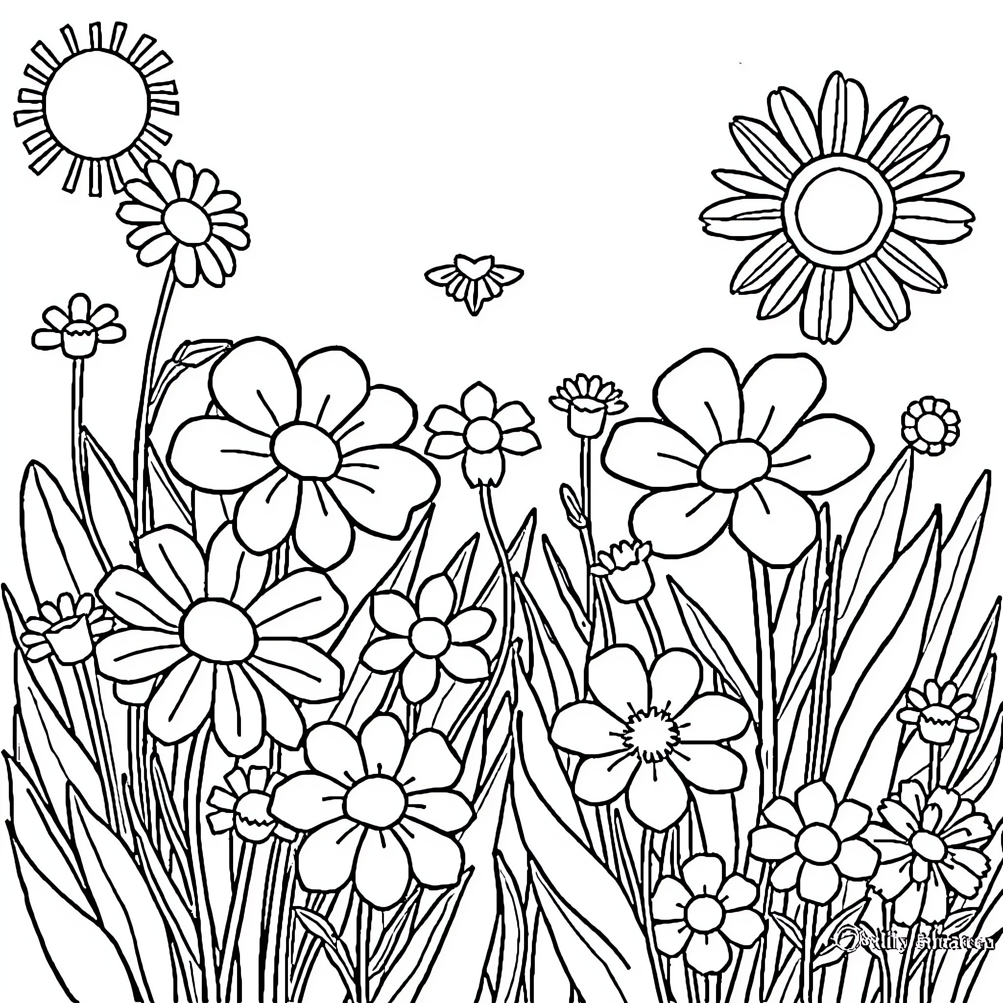 Flower garden filled with blossoming flowers Coloring Page (free black-and-white line drawing printable PDF for all, from beginners to advanced learners, including children, teens, adults, and seniors)