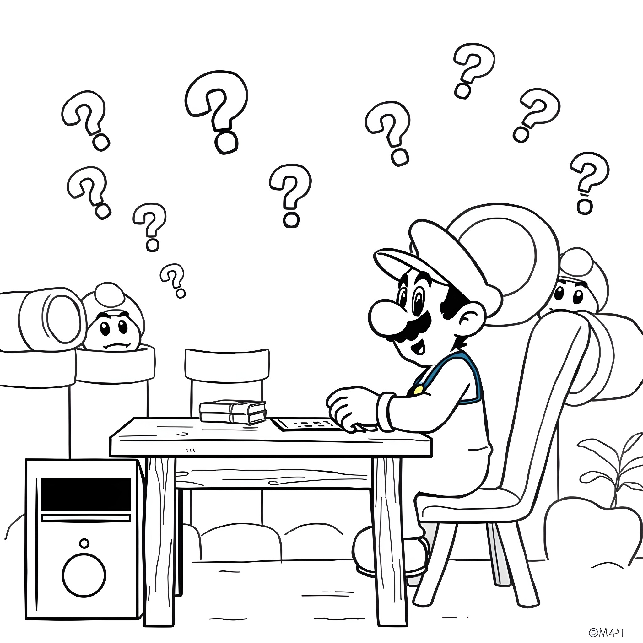 Super Mario Investigates Mysterious Questions Coloring Page (free black-and-white line drawing printable PDF for all, from beginners to advanced learners, including children, teens, adults, and seniors)