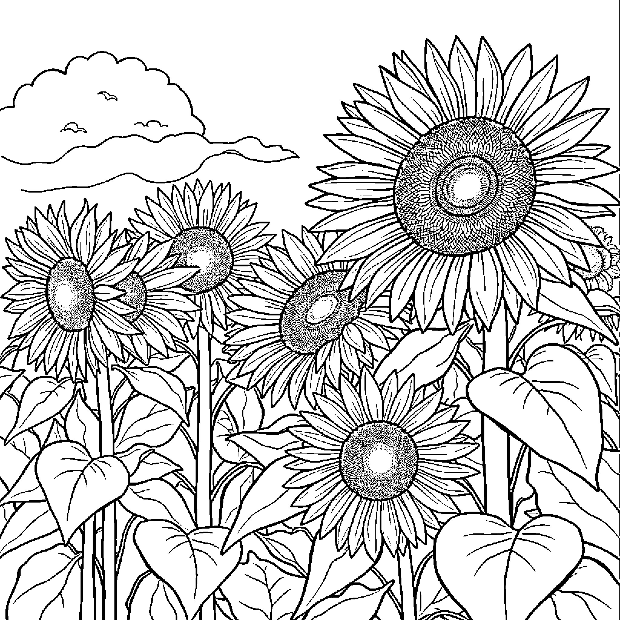 Sunflowers blooming in the meadow Coloring Page (free black-and-white line drawing printable PDF for all, from beginners to advanced learners, including children, teens, adults, and seniors)