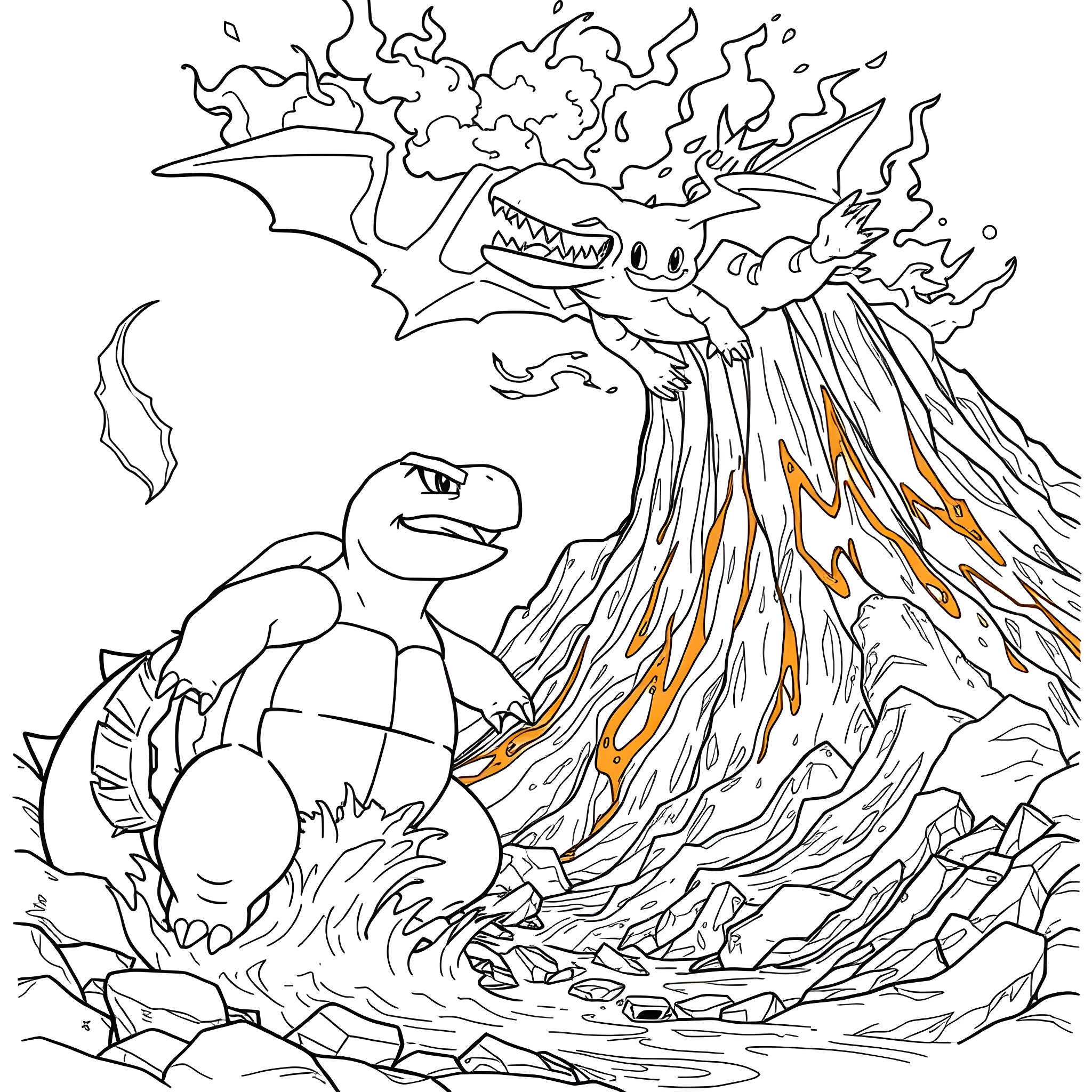 Blastoise battling a fiery Mega Charizard Coloring Page (free black-and-white line drawing printable PDF for all, from beginners to advanced learners, including children, teens, adults, and seniors)