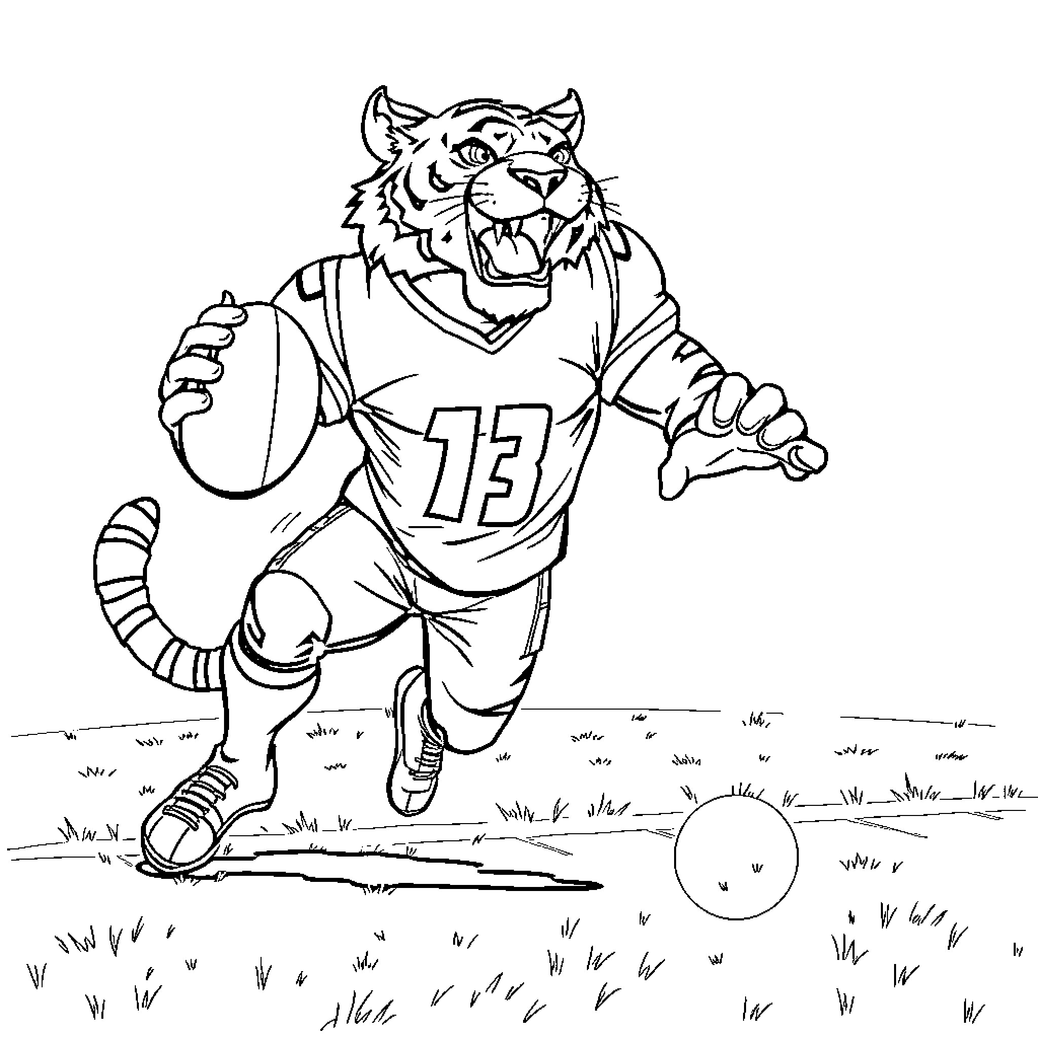 Tiger Football Player Running with Ball Coloring Page (free black-and-white line drawing printable PDF for all, from beginners to advanced learners, including children, teens, adults, and seniors)