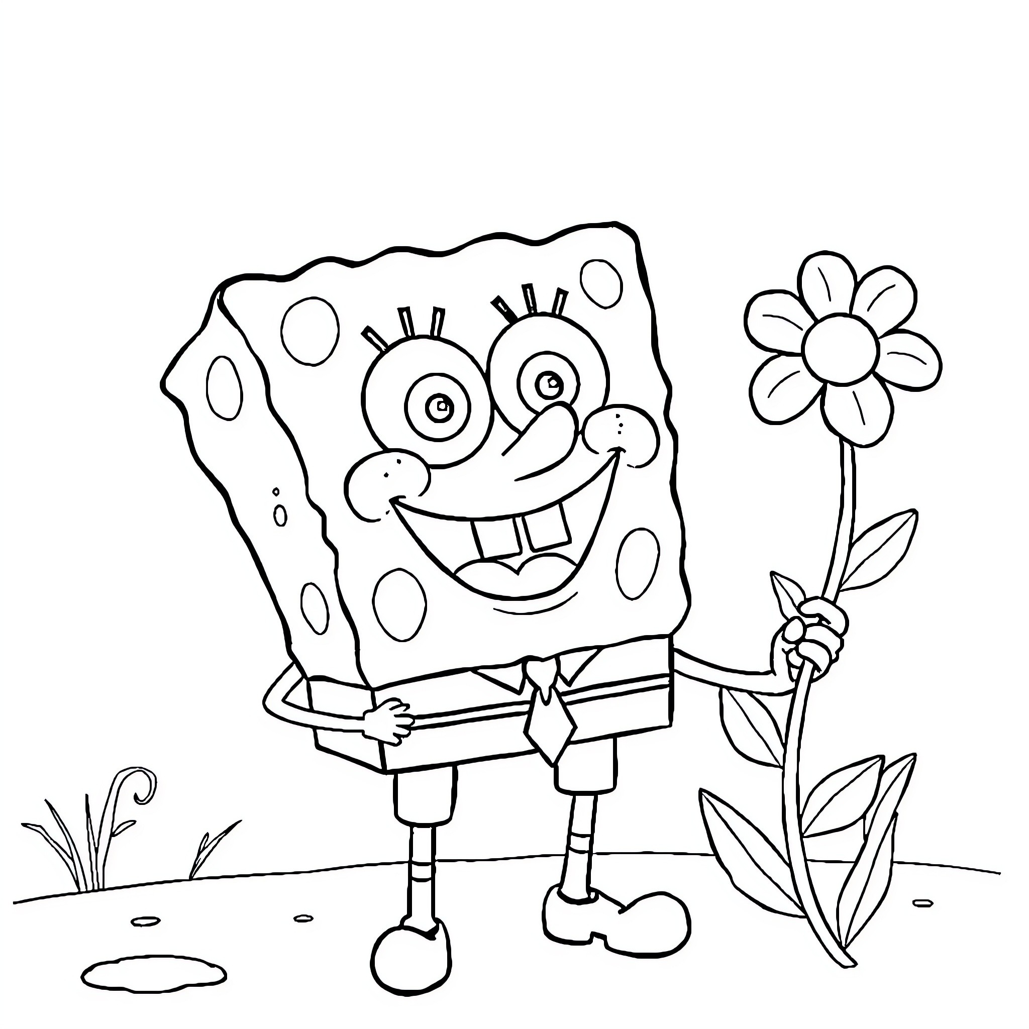 Spongebob holding a flower and smiling Coloring Page (free black-and-white line drawing printable PDF for all, from beginners to advanced learners, including children, teens, adults, and seniors)
