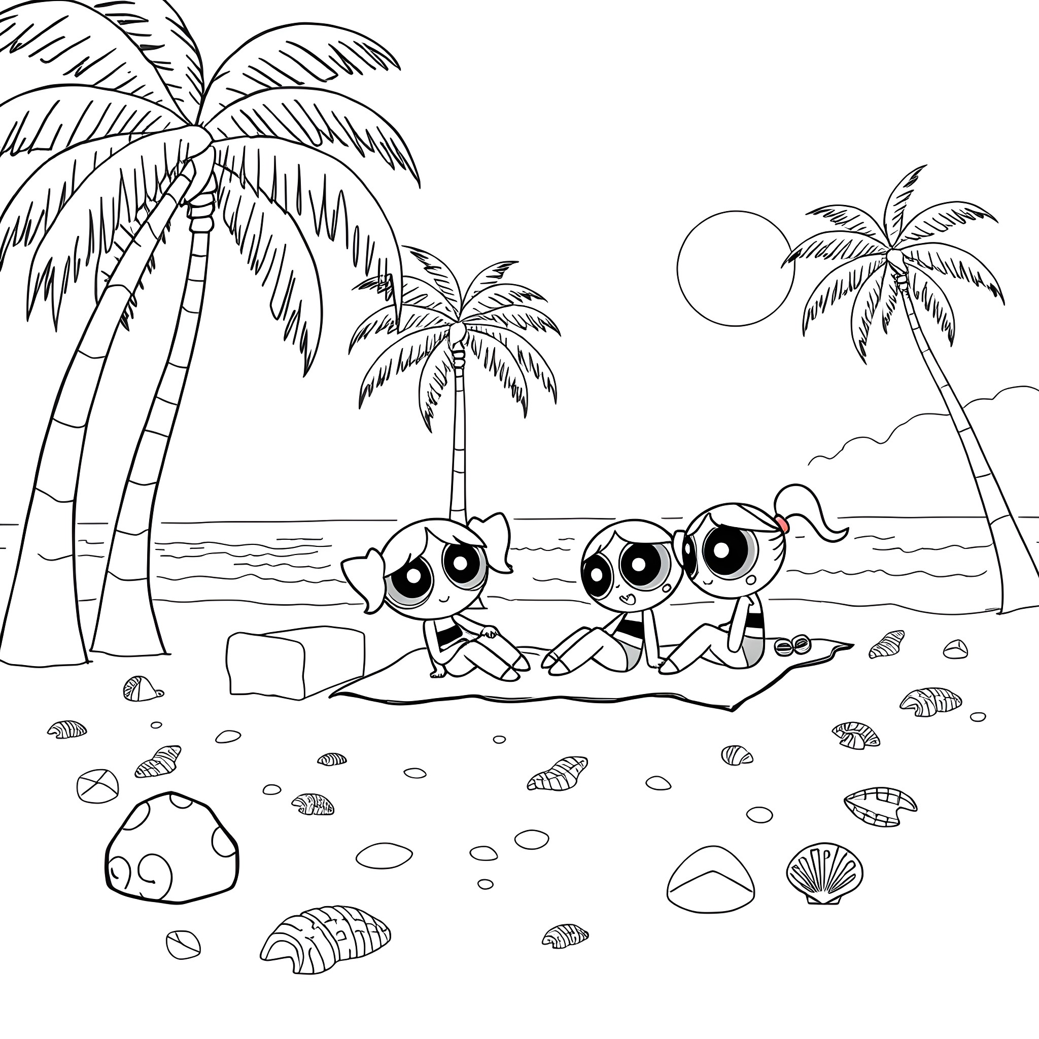 Powerpuff Girls enjoying a day at the beach Coloring Page (free black-and-white line drawing printable PDF for all, from beginners to advanced learners, including children, teens, adults, and seniors)