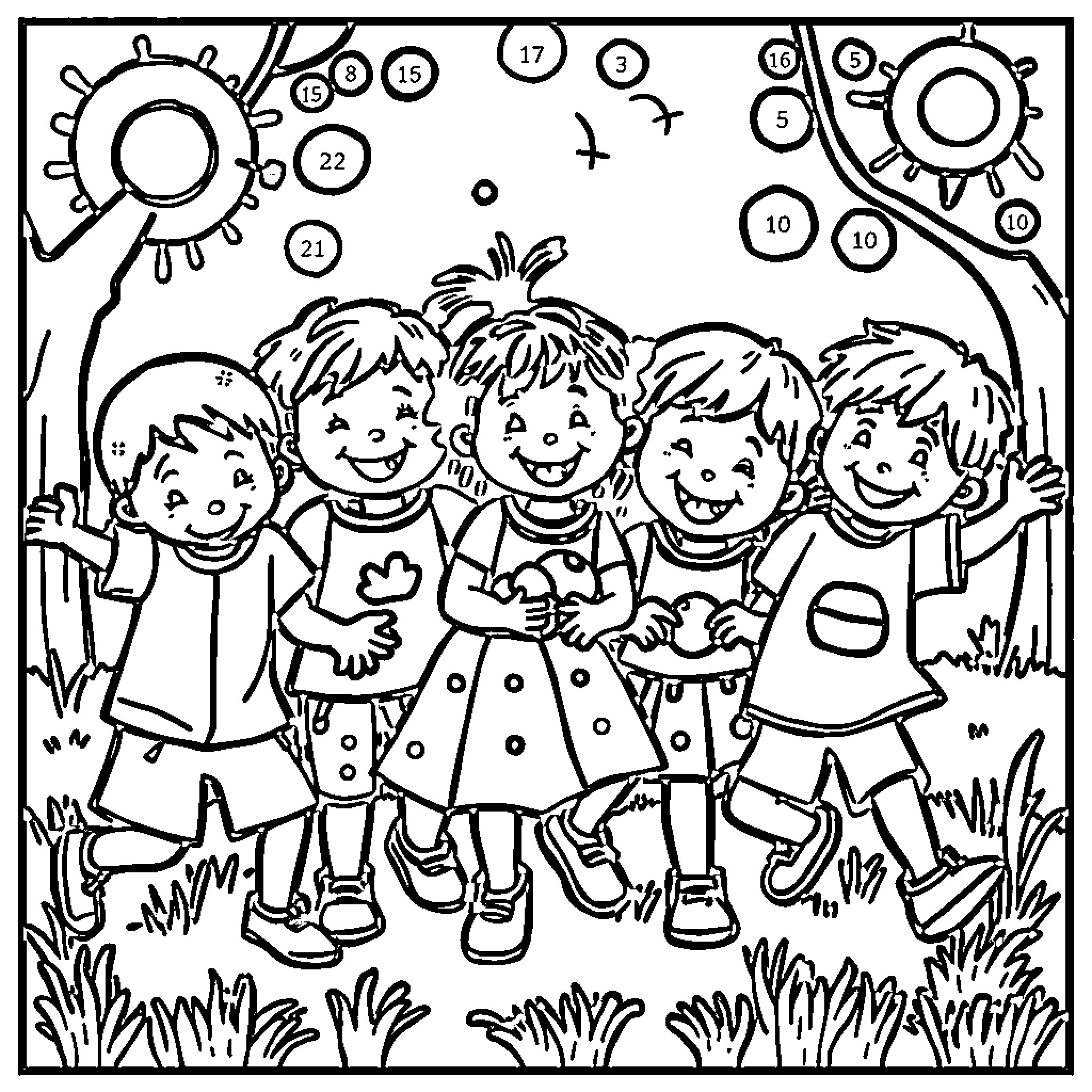 Kids playing happily together in the sun Coloring Page (free black-and-white line drawing printable PDF for all, from beginners to advanced learners, including children, teens, adults, and seniors)
