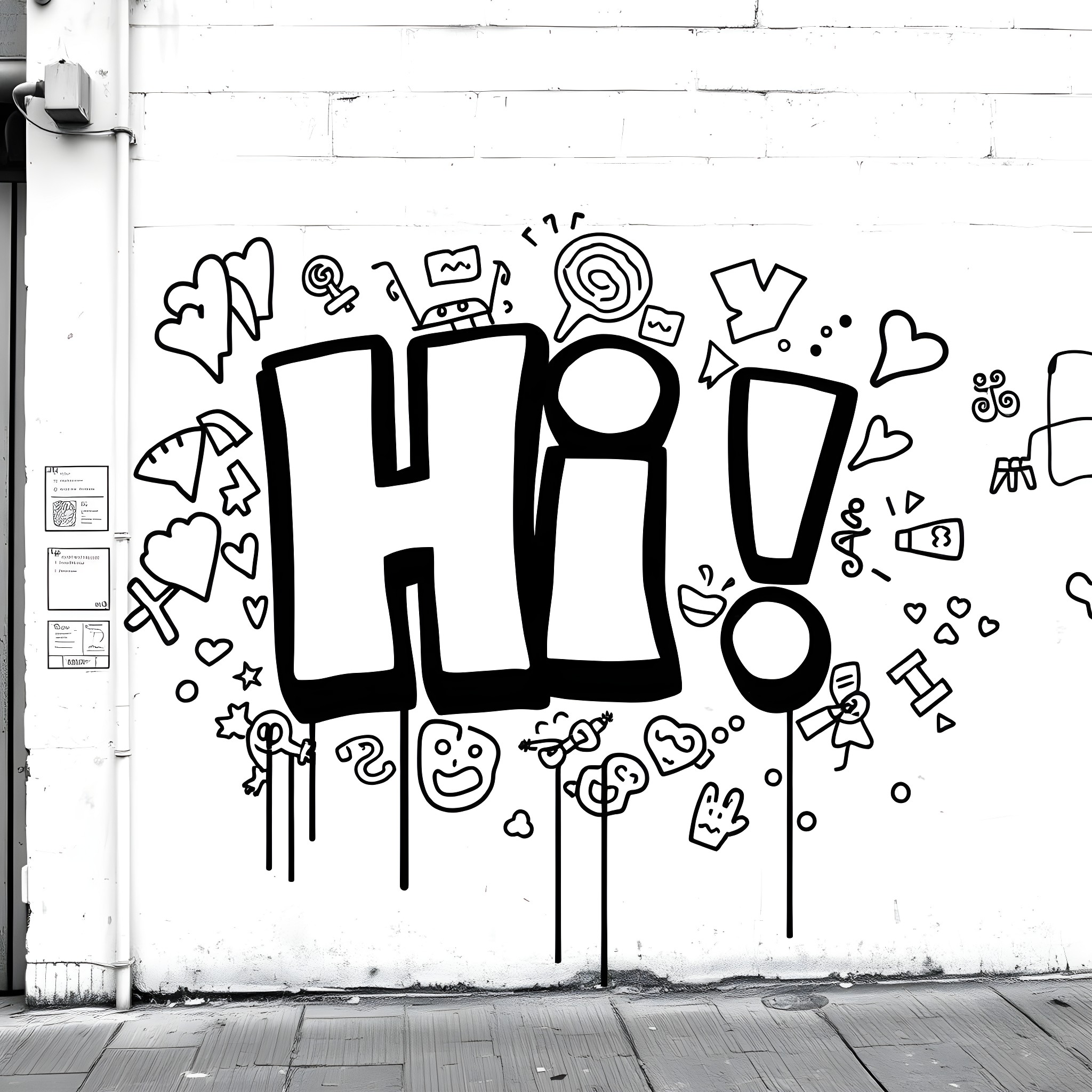 Graffiti displaying playful and expressive doodles Coloring Page (free black-and-white line drawing printable PDF for all, from beginners to advanced learners, including children, teens, adults, and seniors)
