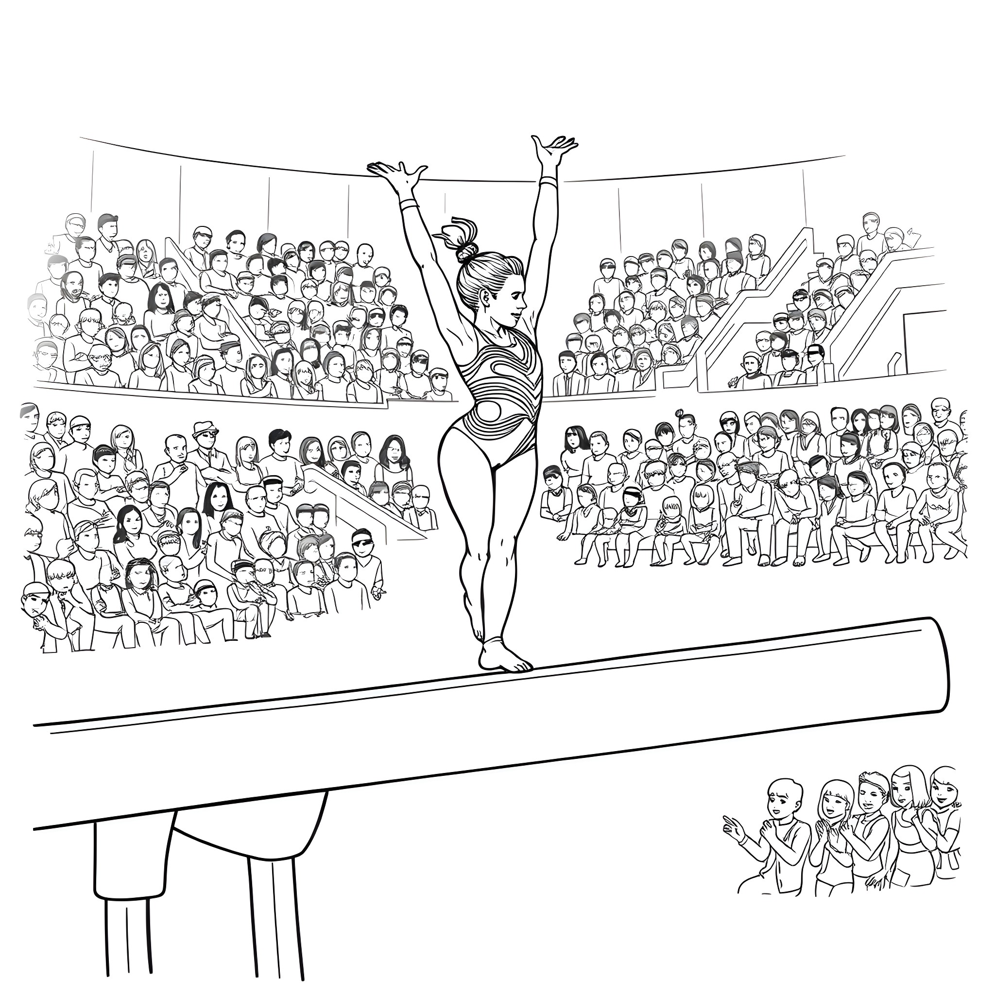 Gymnast performing acrobatic routine in competition Coloring Page (free black-and-white line drawing printable PDF for all, from beginners to advanced learners, including children, teens, adults, and seniors)