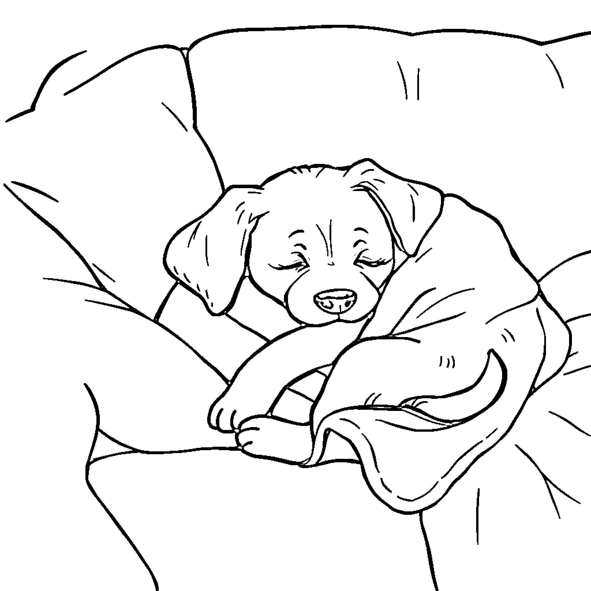 Bluey sleeping soundly in cozy blankets Coloring Page (free black-and-white line drawing printable PDF for all, from beginners to advanced learners, including children, teens, adults, and seniors)
