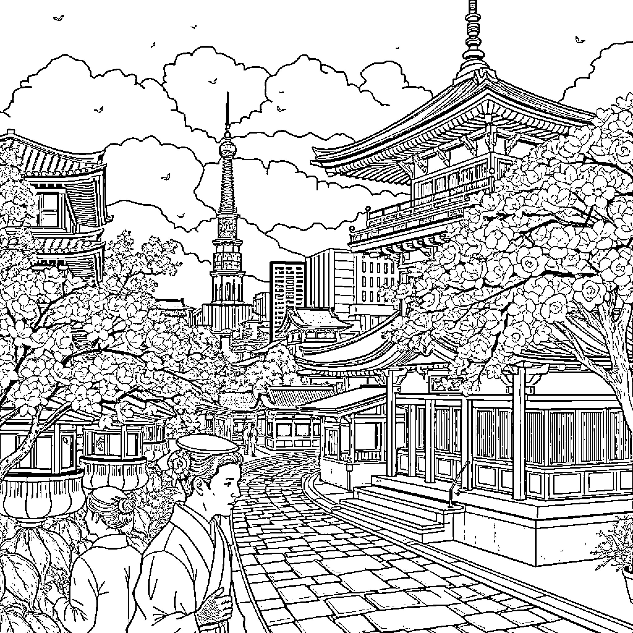Kyoto's Vibrant Cultural Landscape Coloring Page (free black-and-white line drawing printable PDF for all, from beginners to advanced learners, including children, teens, adults, and seniors)