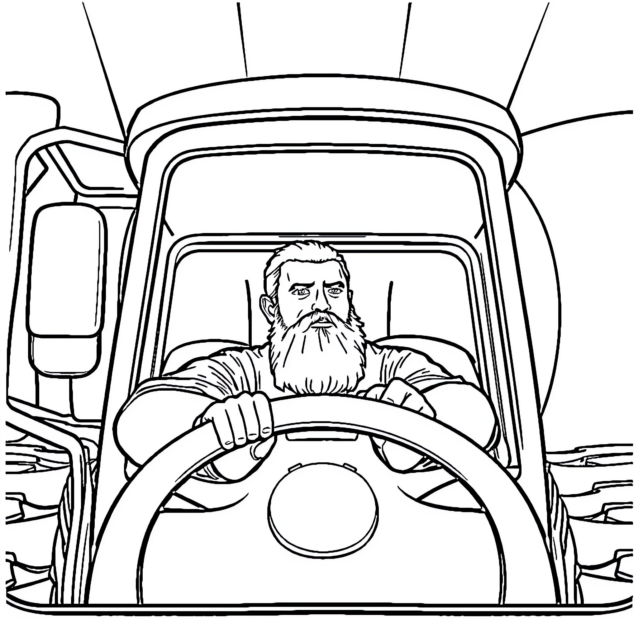 Man driving a heavy vehicle with determination Coloring Page (free black-and-white line drawing printable PDF for all, from beginners to advanced learners, including children, teens, adults, and seniors)