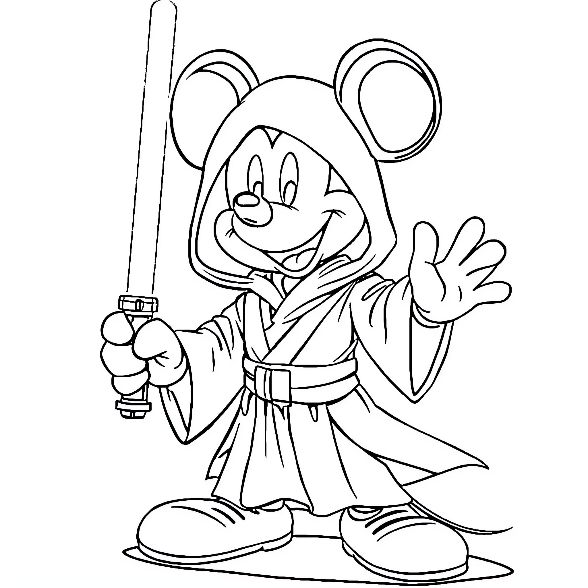 Mickey in Jedi Robes Waving with Lightsaber Coloring Page (free black-and-white line drawing printable PDF for all, from beginners to advanced learners, including children, teens, adults, and seniors)