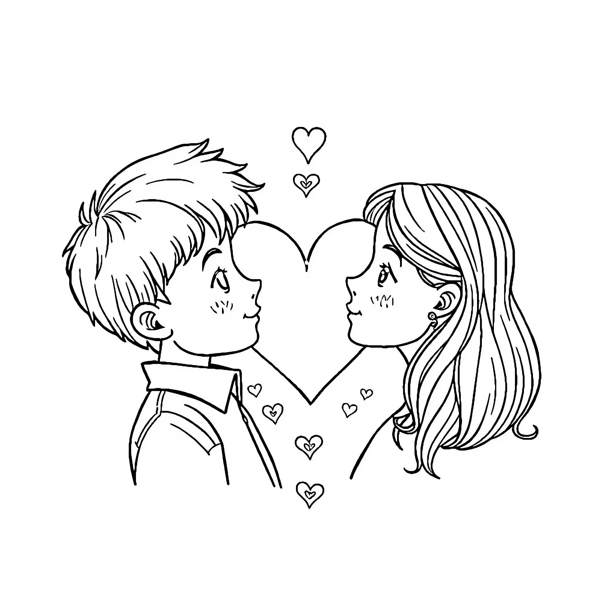 Heart-Warming Embrace of Young Couple Coloring Page (free black-and-white line drawing printable PDF for all, from beginners to advanced learners, including children, teens, adults, and seniors)