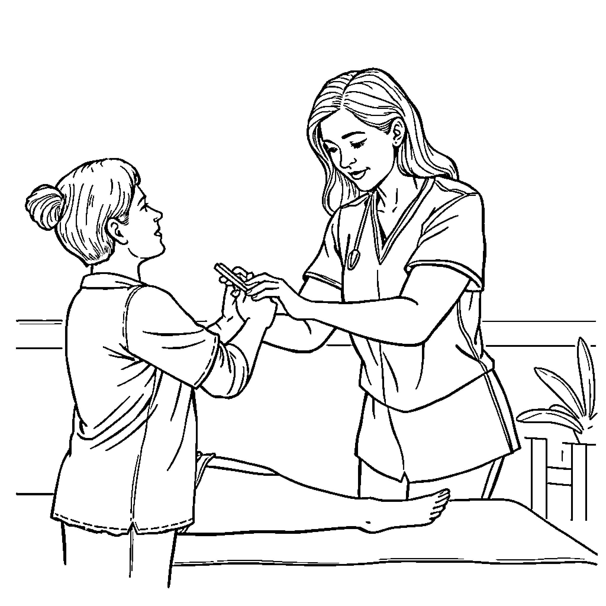 Hand helping young girl in medical care Coloring Page (free black-and-white line drawing printable PDF for all, from beginners to advanced learners, including children, teens, adults, and seniors)