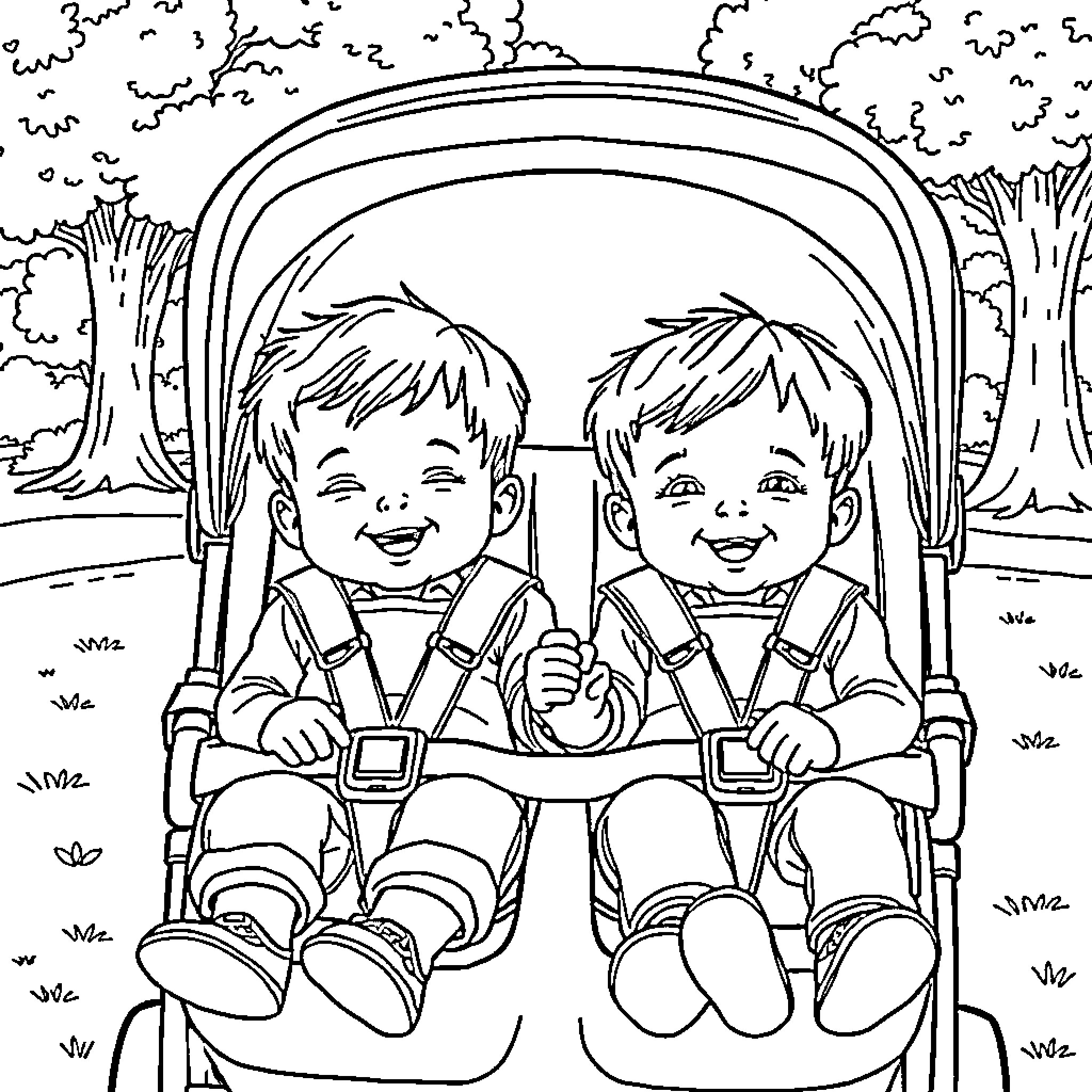 Kids enjoying a stroll in the park Coloring Page (free black-and-white line drawing printable PDF for all, from beginners to advanced learners, including children, teens, adults, and seniors)