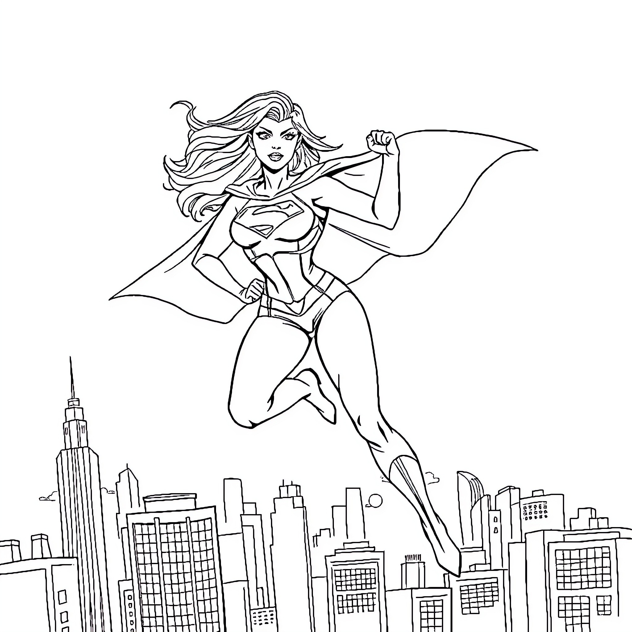 Power Girl soaring over the city skyline Coloring Page (free black-and-white line drawing printable PDF for all, from beginners to advanced learners, including children, teens, adults, and seniors)