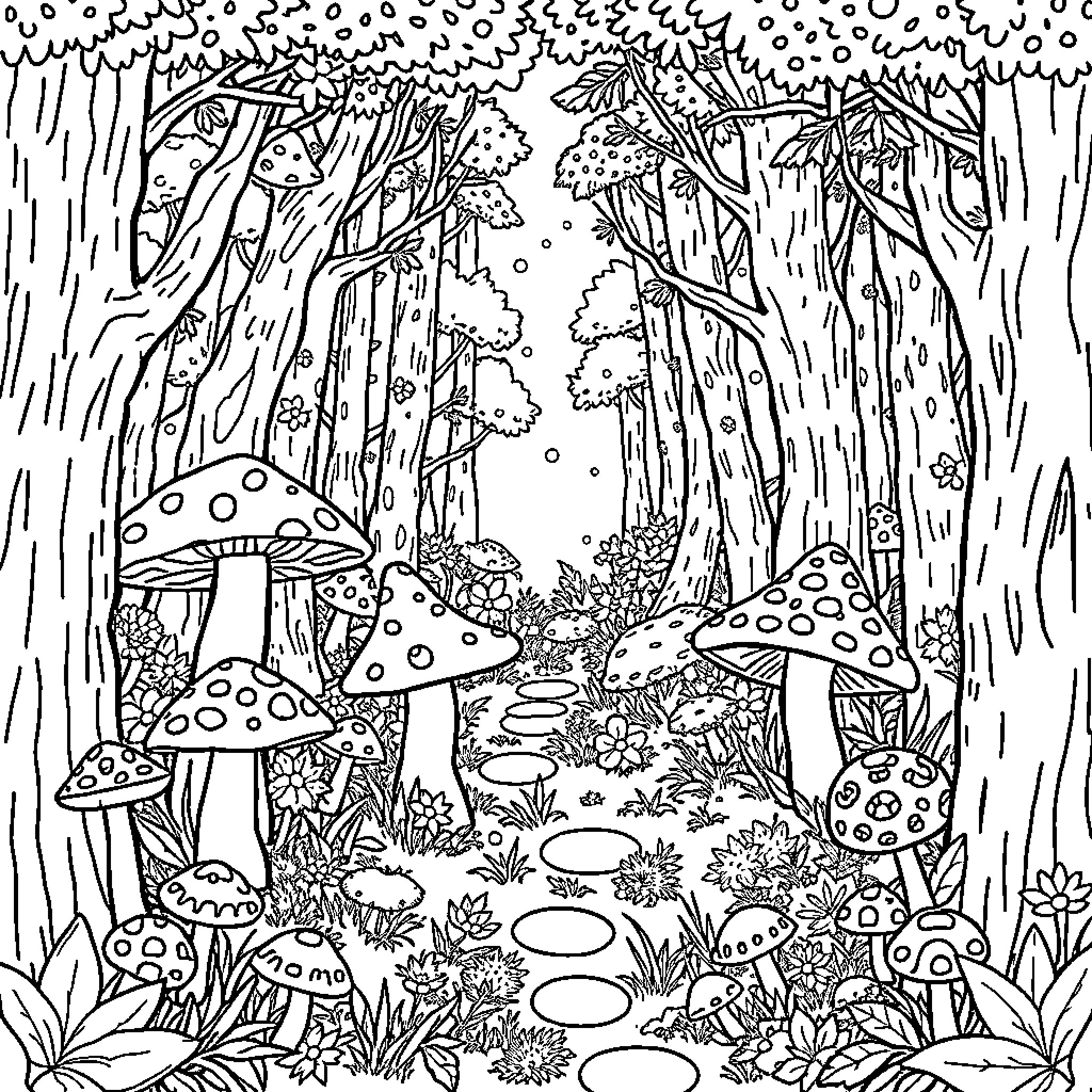 Forest filled with magical mushrooms and foliage Coloring Page (free black-and-white line drawing printable PDF for all, from beginners to advanced learners, including children, teens, adults, and seniors)