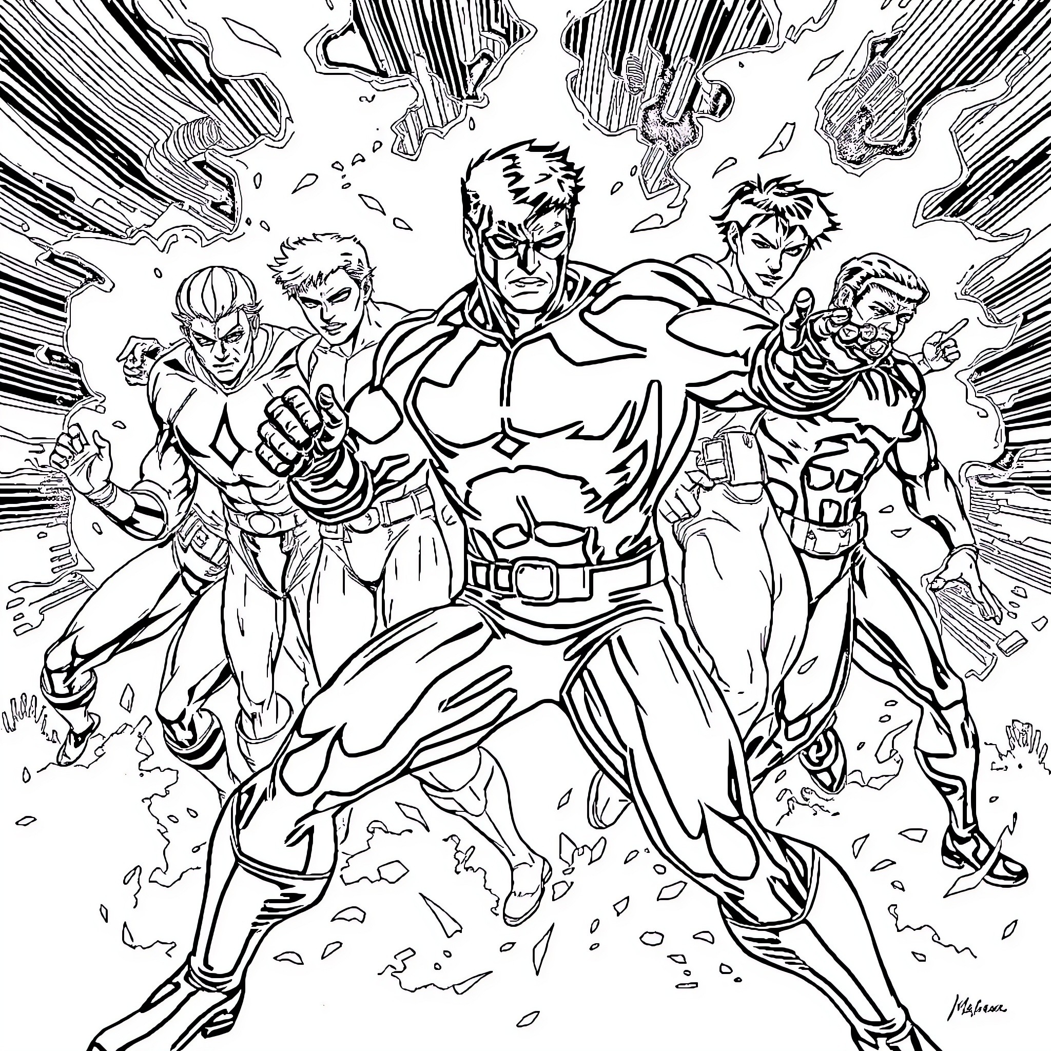 Mark's Team of Heroic Superheroes in Action Coloring Page (free black-and-white line drawing printable PDF for all, from beginners to advanced learners, including children, teens, adults, and seniors)