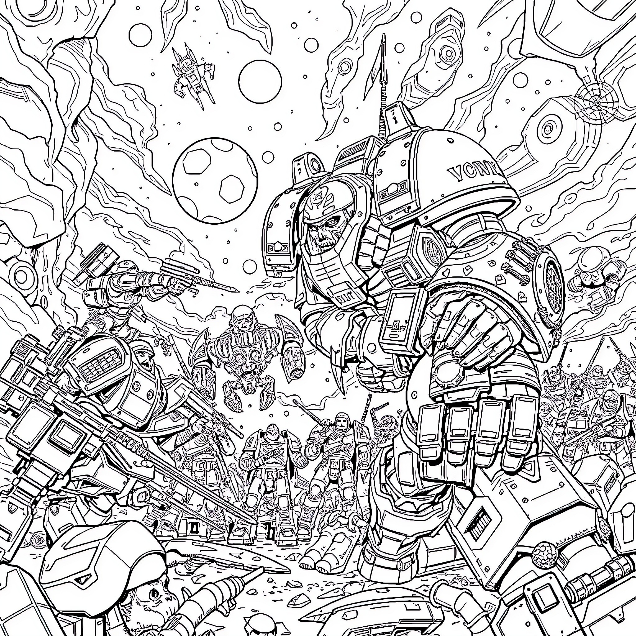Warhammer sci-fi battle in a cosmic landscape Coloring Page (free black-and-white line drawing printable PDF for all, from beginners to advanced learners, including children, teens, adults, and seniors)