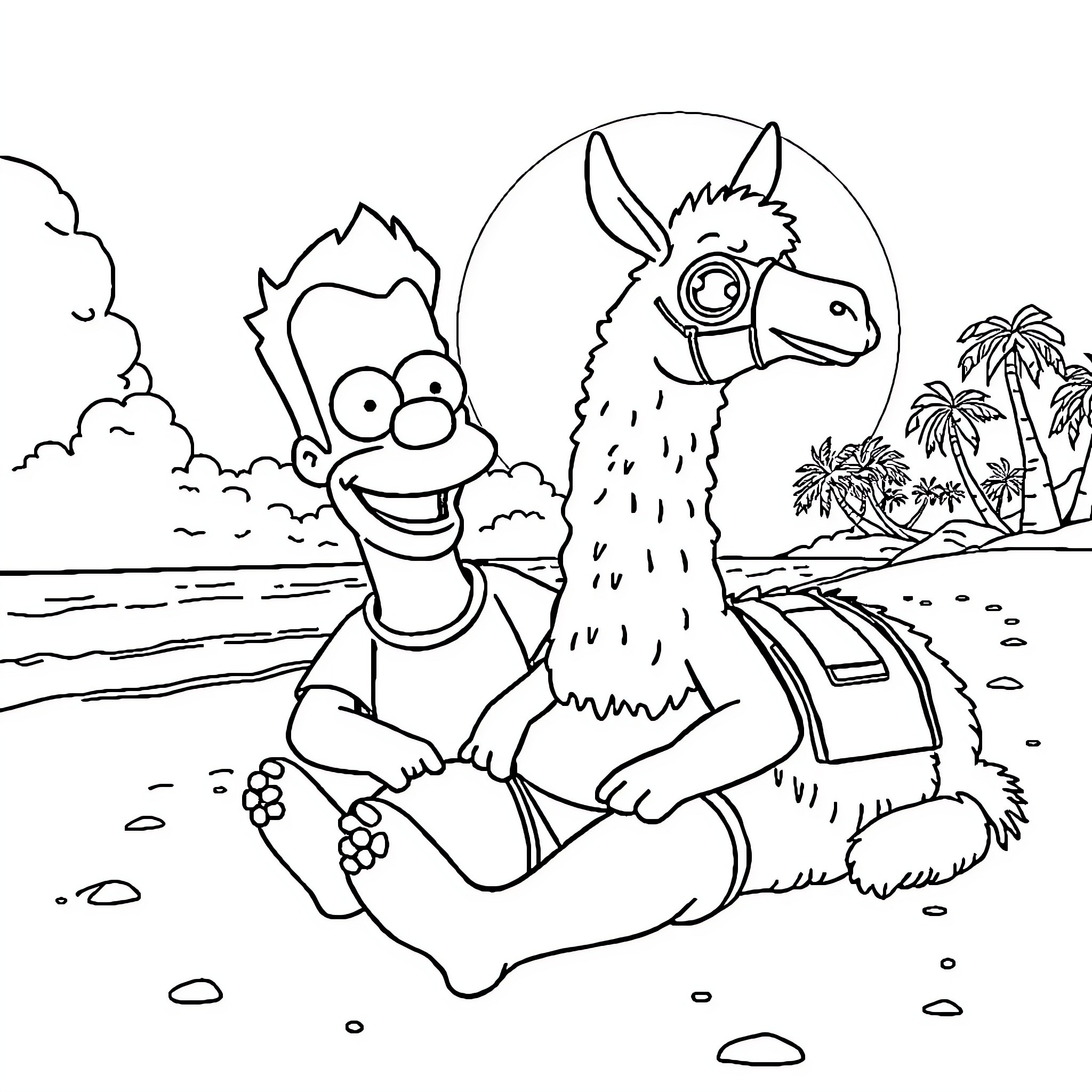 Michael Scott's Tropical Adventure with a Friendly Llama Coloring Page (free black-and-white line drawing printable PDF for all, from beginners to advanced learners, including children, teens, adults, and seniors)