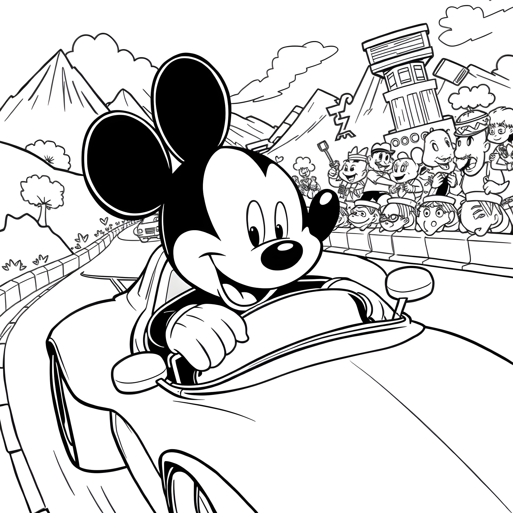 Mickey Mouse driving happily through amusement park Coloring Page (free black-and-white line drawing printable PDF for all, from beginners to advanced learners, including children, teens, adults, and seniors)