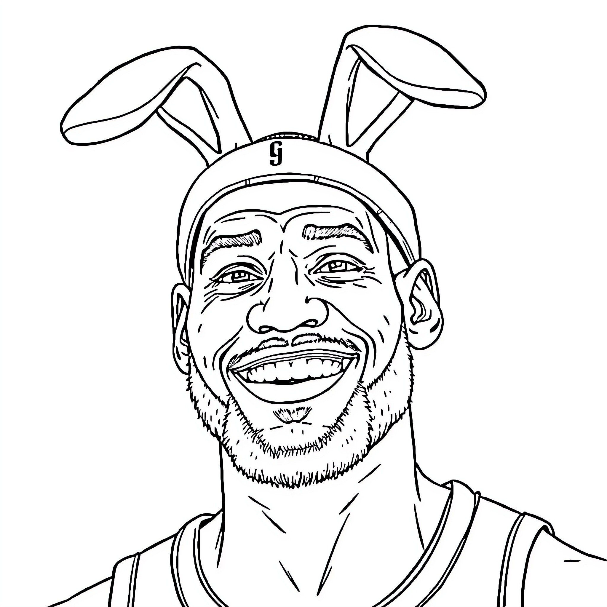 LeBron James wearing a bunny ear headband and smiling Coloring Page (free black-and-white line drawing printable PDF for all, from beginners to advanced learners, including children, teens, adults, and seniors)