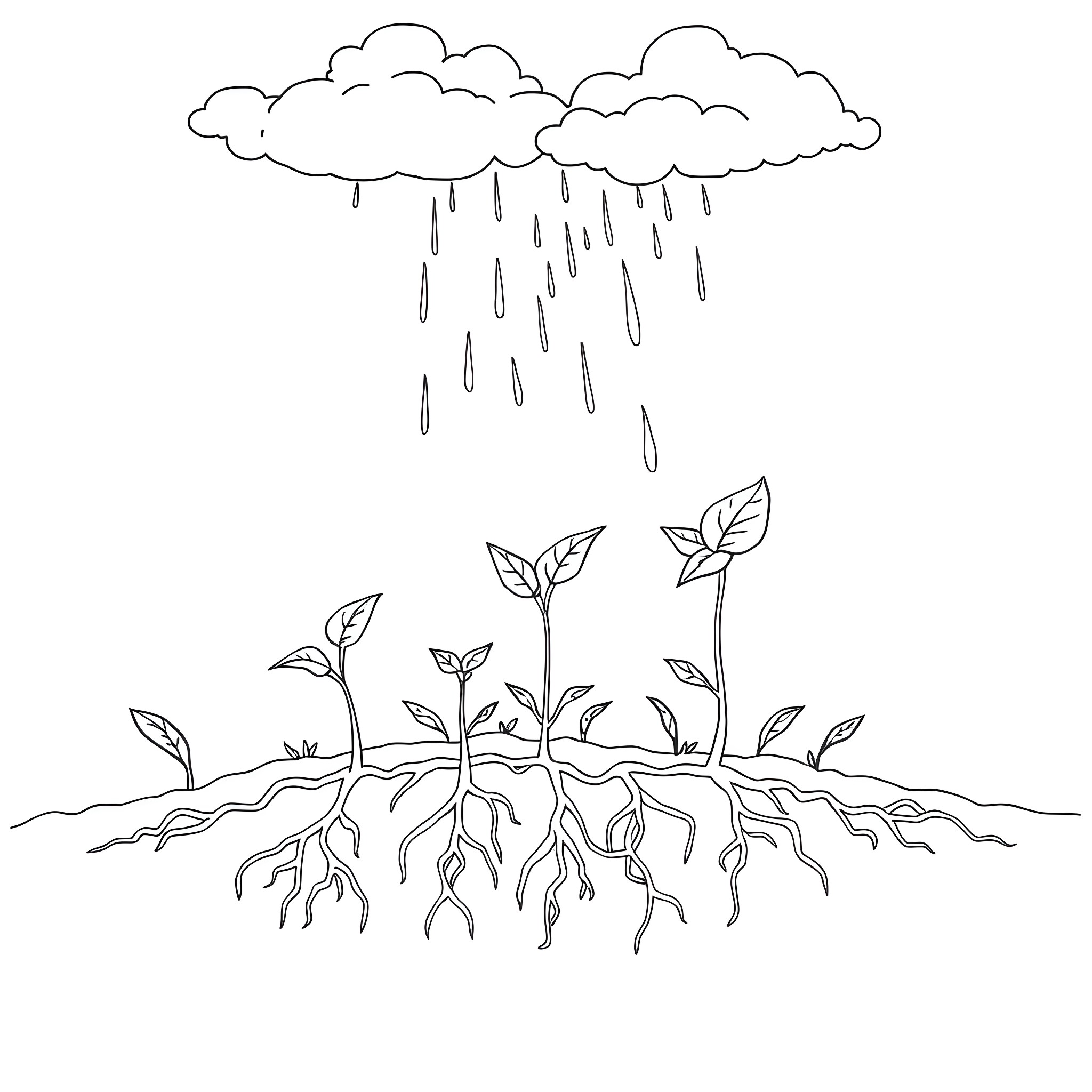 Plant growth in rainy weather Coloring Page (free black-and-white line drawing printable PDF for all, from beginners to advanced learners, including children, teens, adults, and seniors)