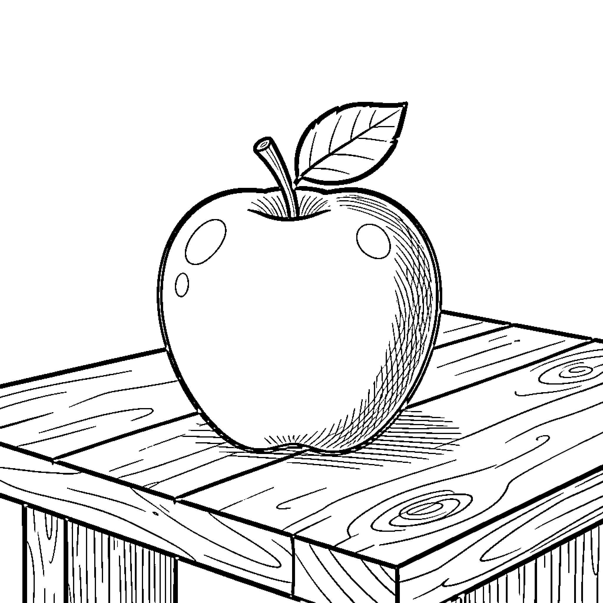 Apple sitting on a wooden table Coloring Page (free black-and-white line drawing printable PDF for all, from beginners to advanced learners, including children, teens, adults, and seniors)