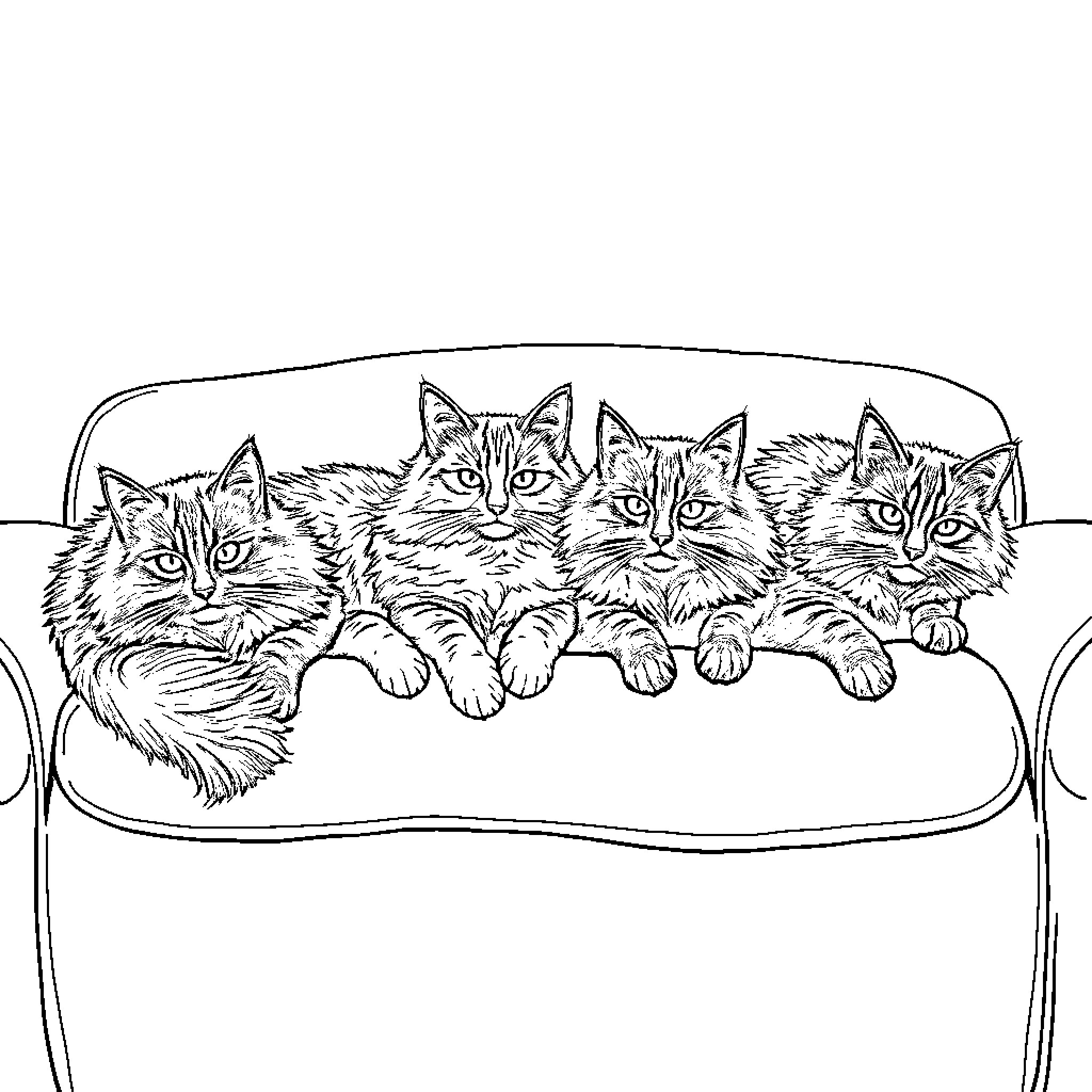 Maine Coon Cats Lounging on Couch Coloring Page (free black-and-white line drawing printable PDF for all, from beginners to advanced learners, including children, teens, adults, and seniors)