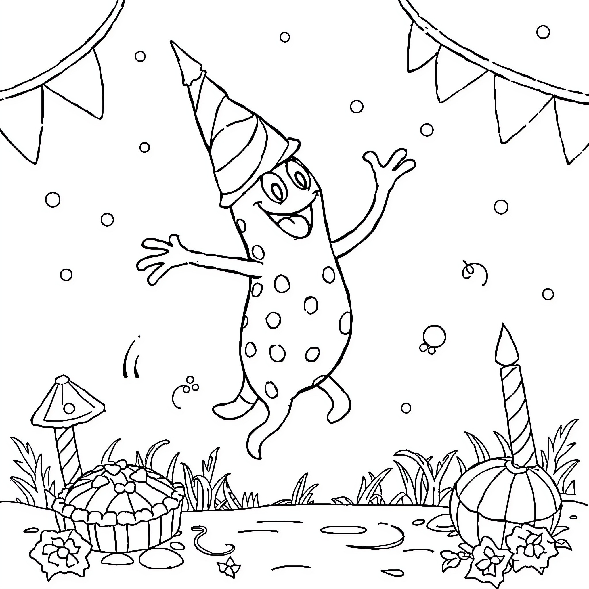 Ajolote celebrating in a festive scene Coloring Page (free black-and-white line drawing printable PDF for all, from beginners to advanced learners, including children, teens, adults, and seniors)
