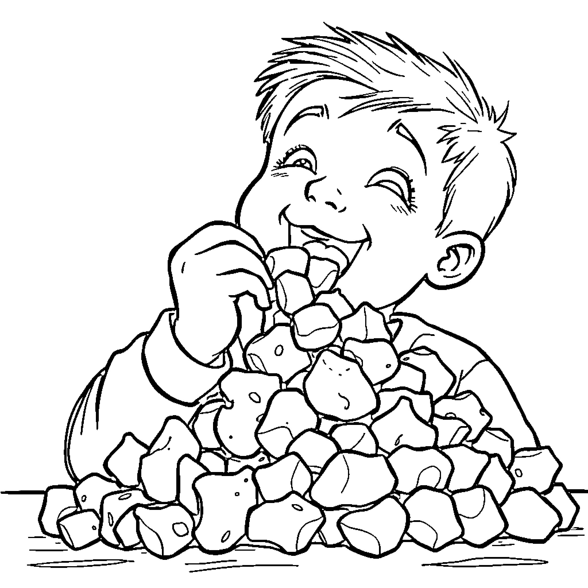 Child Enjoying Pile of Snacks Coloring Page (free black-and-white line drawing printable PDF for all, from beginners to advanced learners, including children, teens, adults, and seniors)