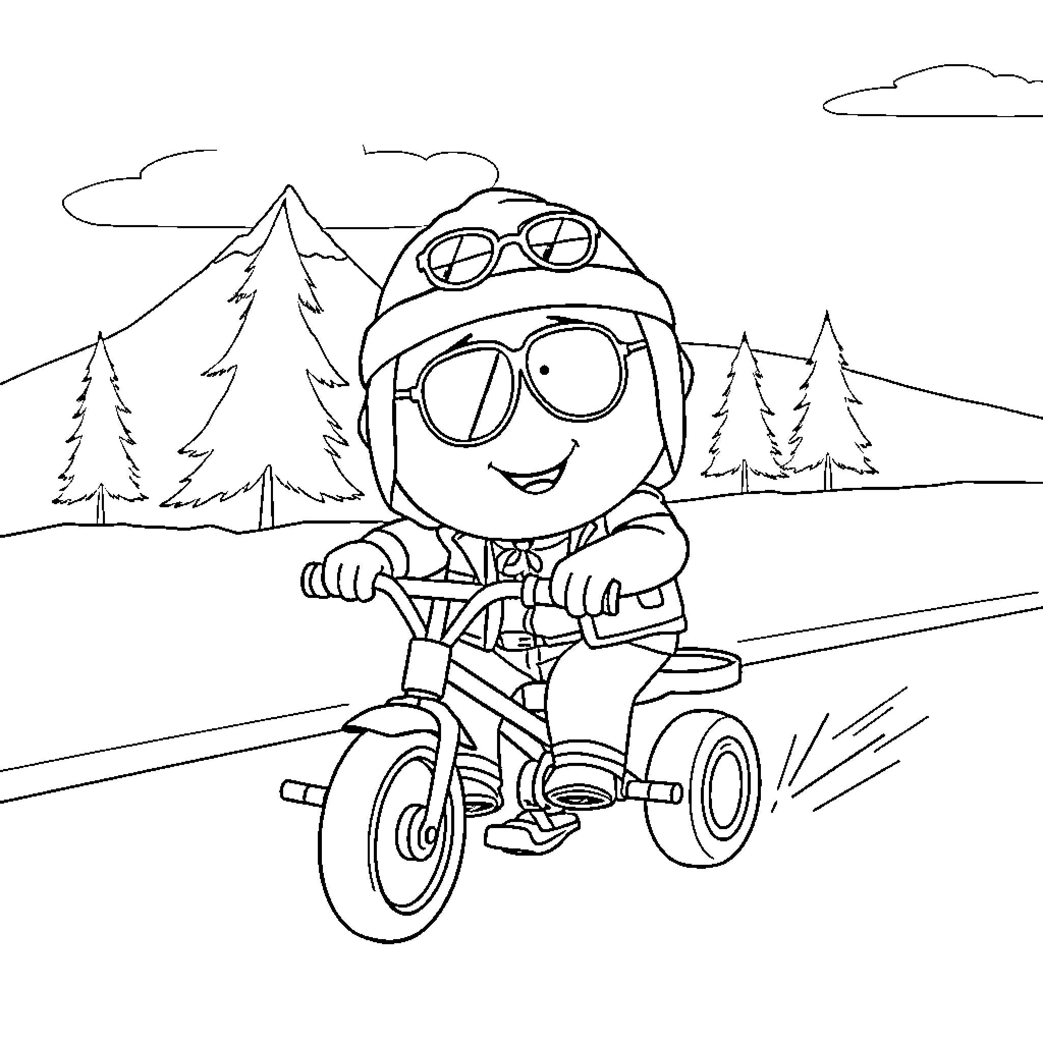 Cartman enjoying a bike ride in the great outdoors Coloring Page (free black-and-white line drawing printable PDF for all, from beginners to advanced learners, including children, teens, adults, and seniors)
