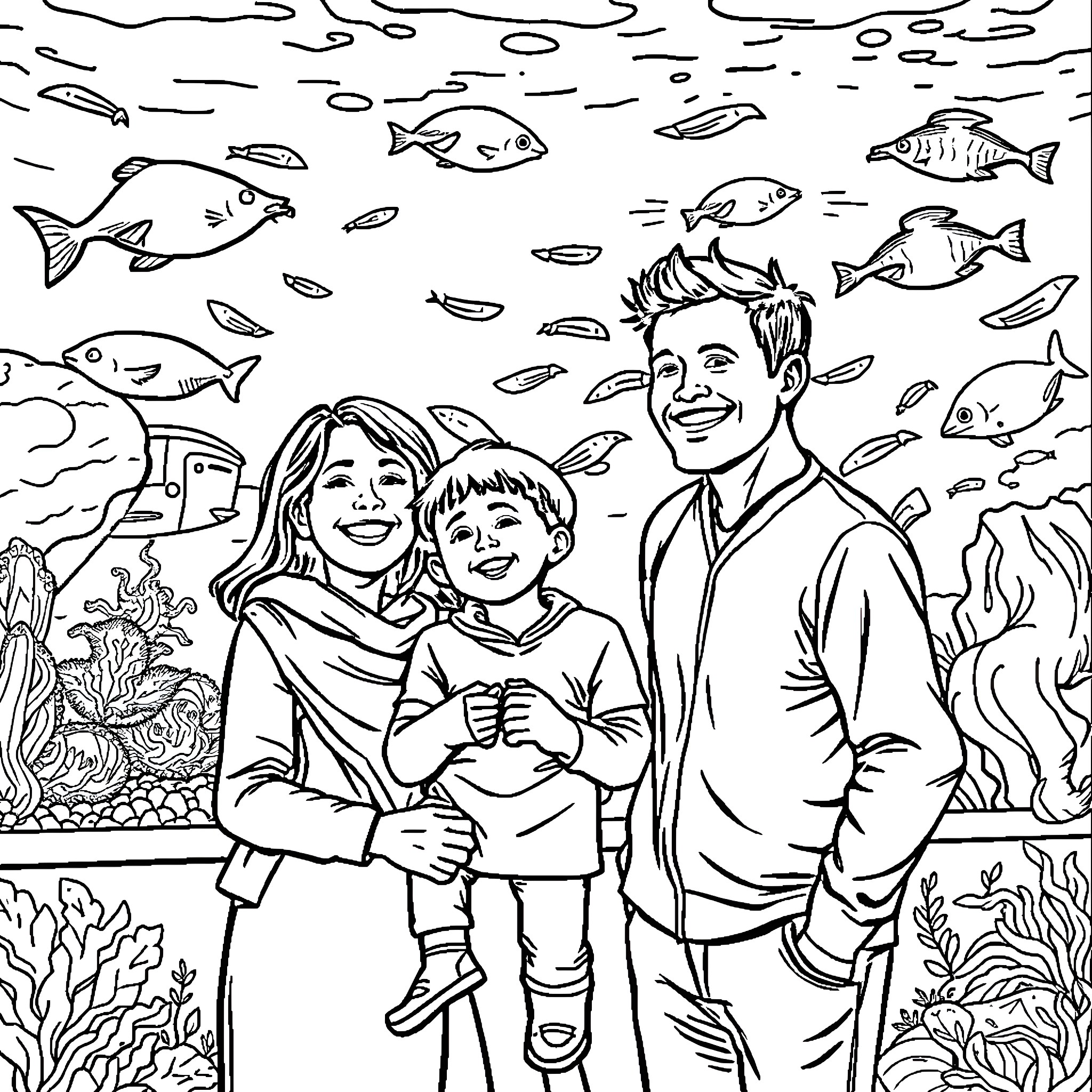 Aquarium Family Outing Coloring Page (free black-and-white line drawing printable PDF for all, from beginners to advanced learners, including children, teens, adults, and seniors)