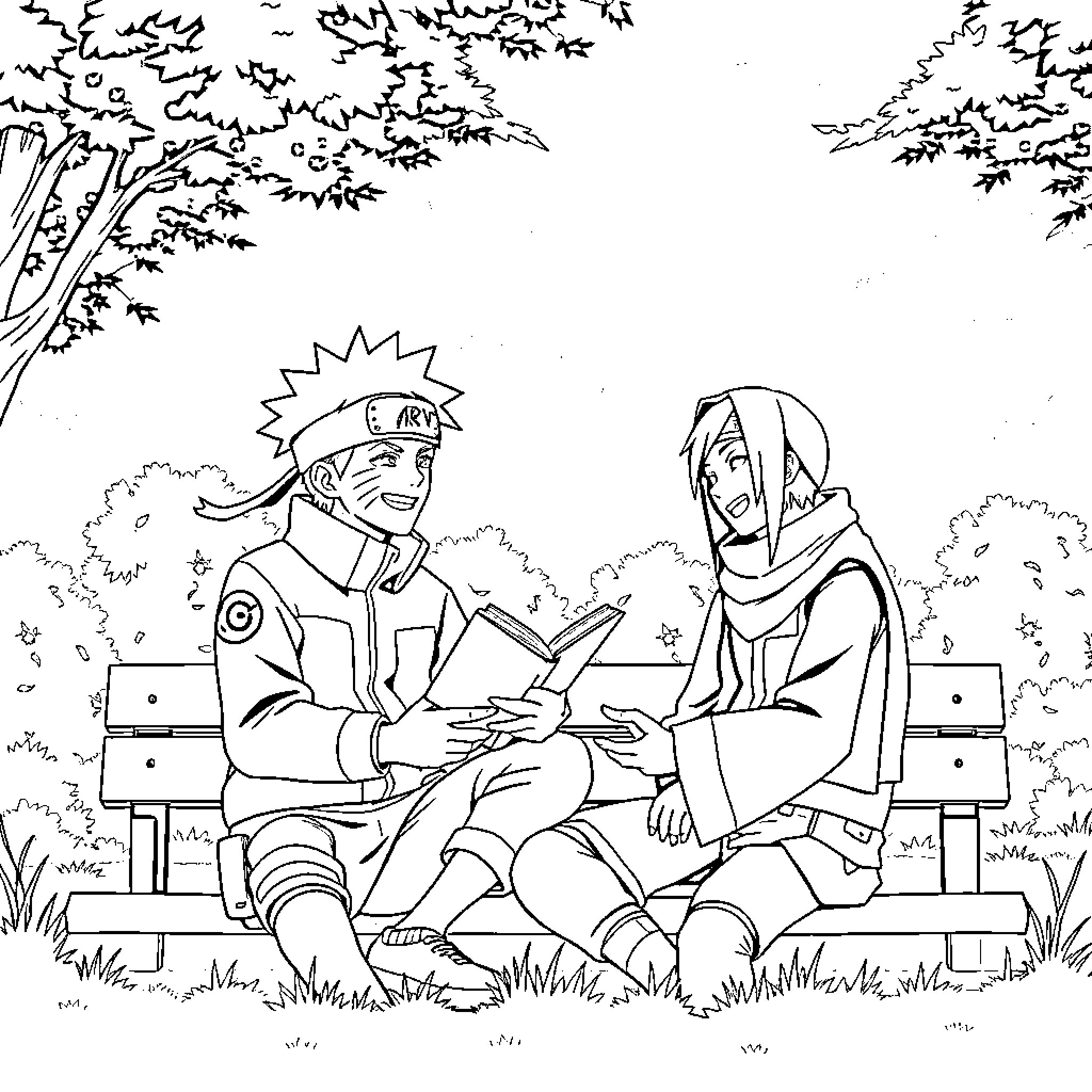 Naruto and companion relaxing in the park Coloring Page (free black-and-white line drawing printable PDF for all, from beginners to advanced learners, including children, teens, adults, and seniors)