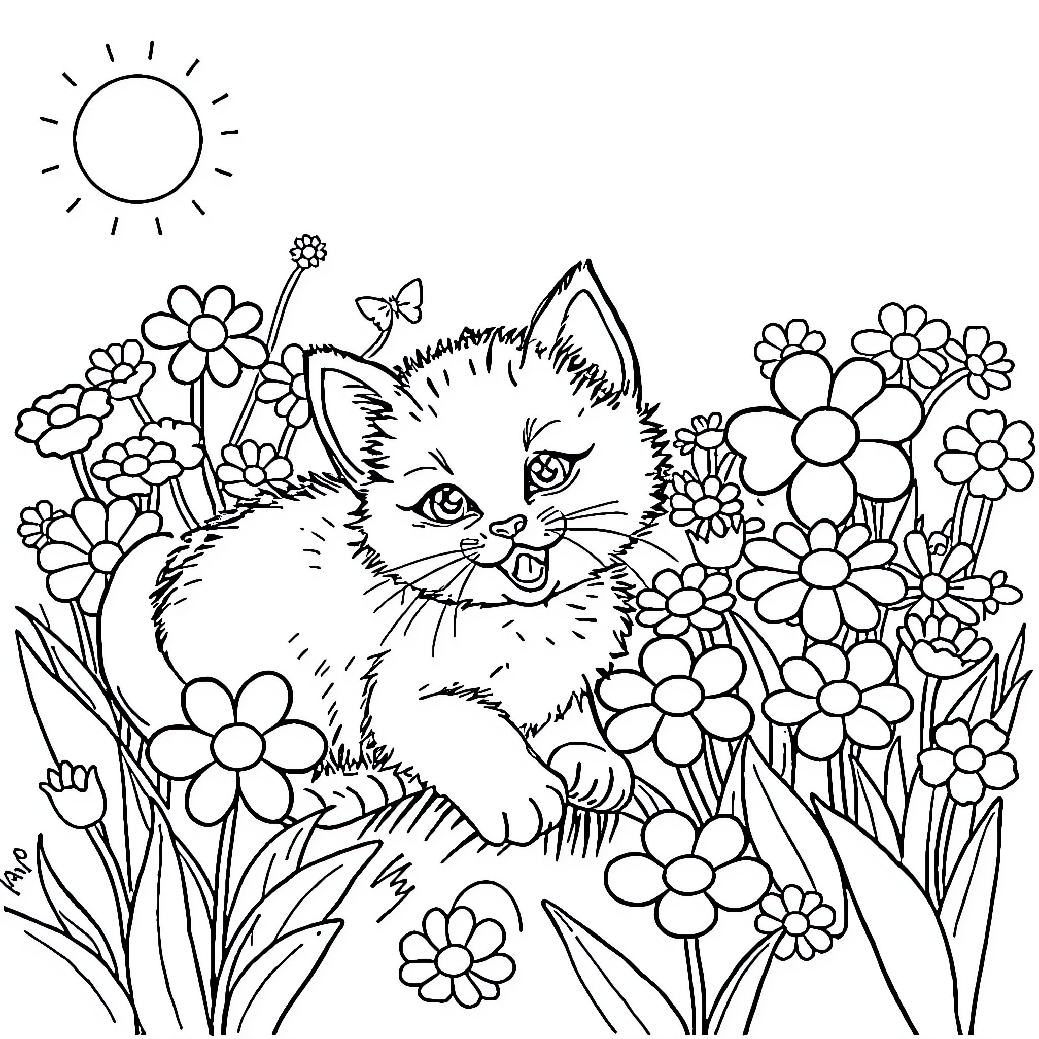 Kitten among colorful flowers and butterflies Coloring Page (free black-and-white line drawing printable PDF for all, from beginners to advanced learners, including children, teens, adults, and seniors)