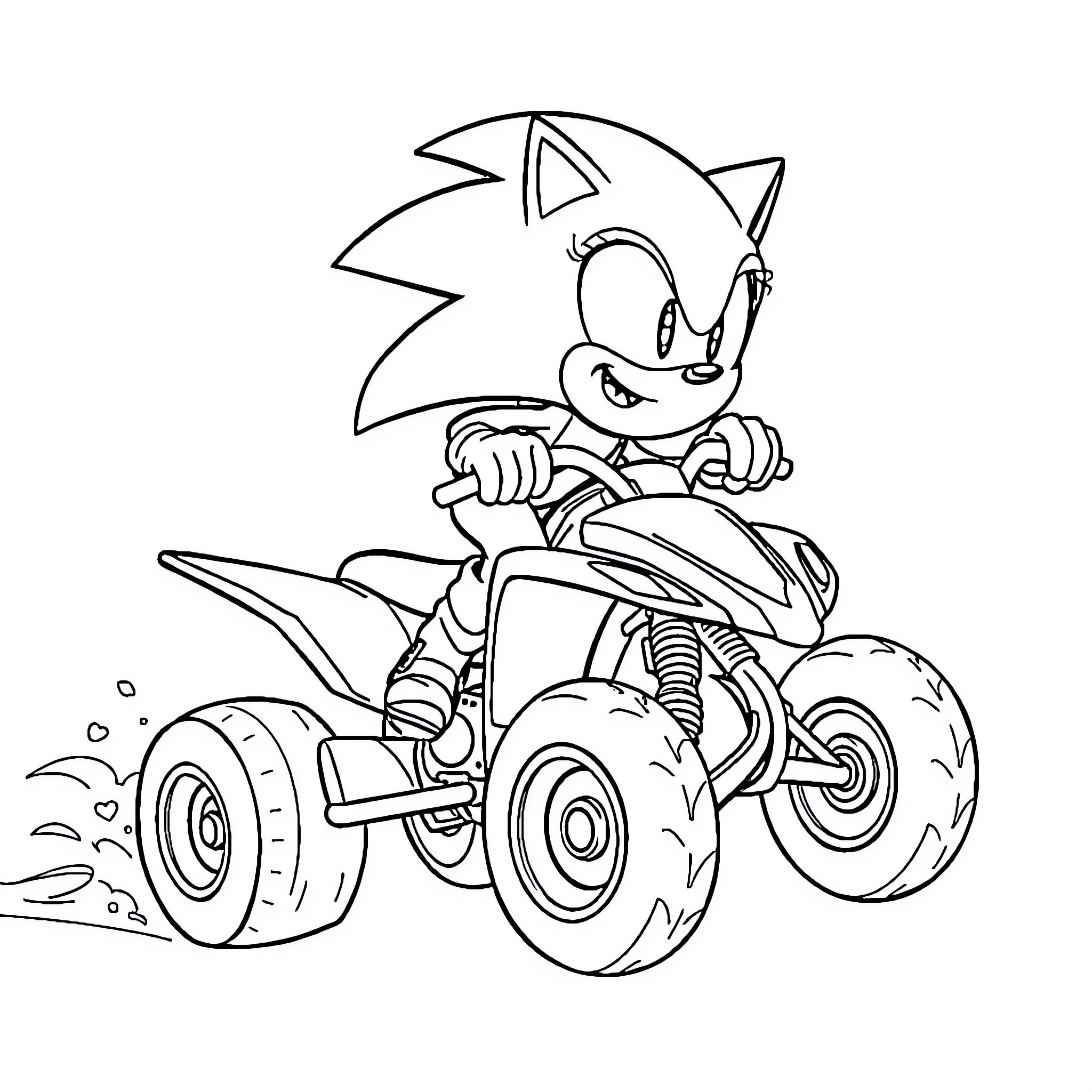 Sonic speeding on a quad bike with excitement Coloring Page (free black-and-white line drawing printable PDF for all, from beginners to advanced learners, including children, teens, adults, and seniors)