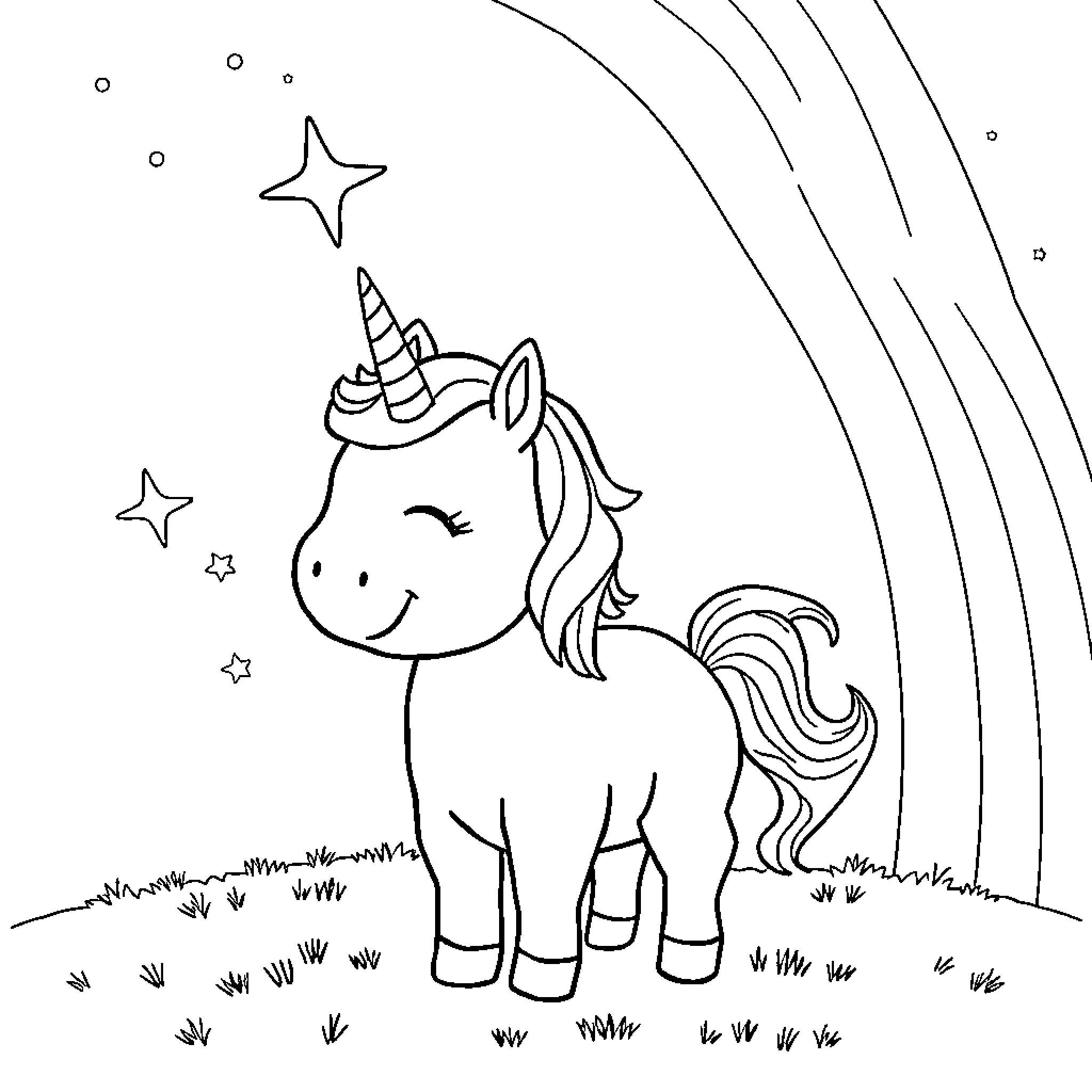 Unicorn gazing at the starry night sky Coloring Page (free black-and-white line drawing printable PDF for all, from beginners to advanced learners, including children, teens, adults, and seniors)