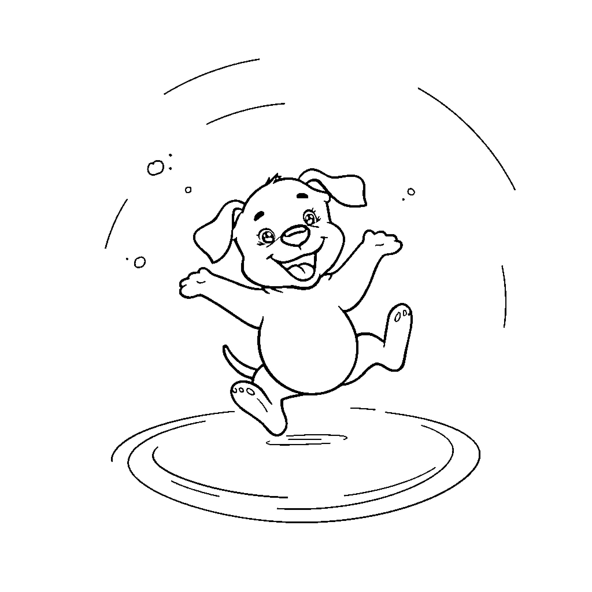 Poo the Playful Puppy Prancing Coloring Page (free black-and-white line drawing printable PDF for all, from beginners to advanced learners, including children, teens, adults, and seniors)