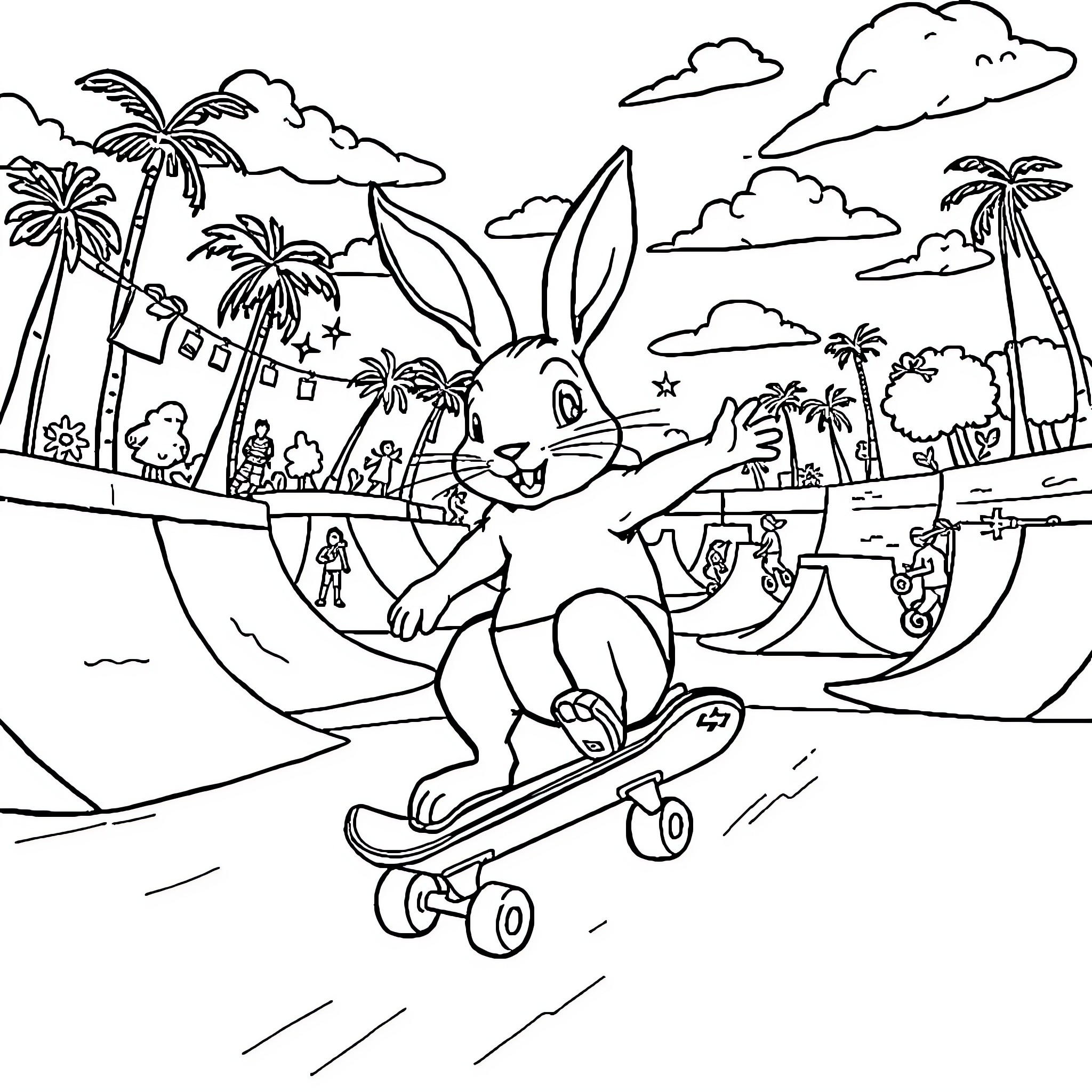 Rabbit skateboarding at a tropical beach festival Coloring Page (free black-and-white line drawing printable PDF for all, from beginners to advanced learners, including children, teens, adults, and seniors)