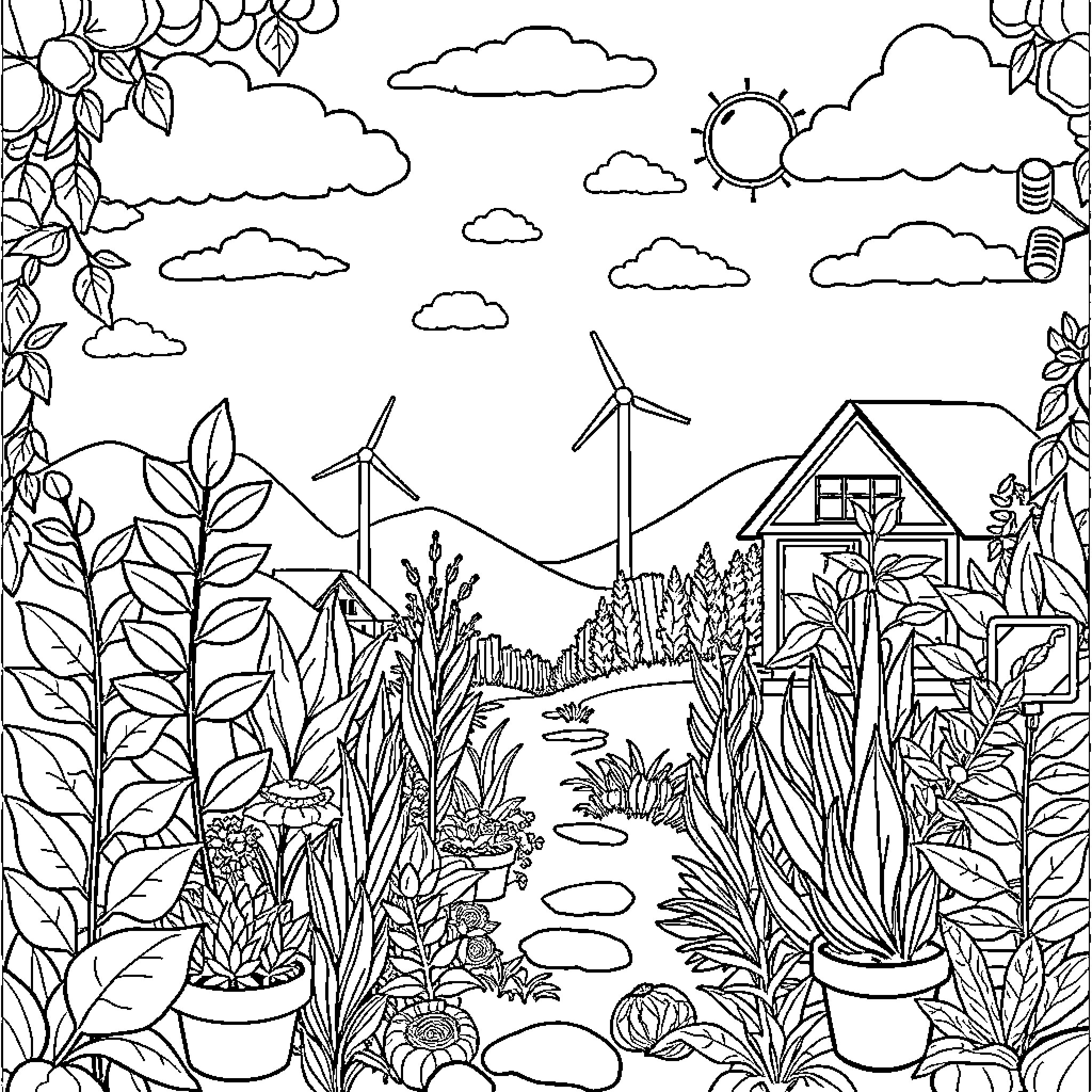 Eco-friendly Garden Landscape Coloring Page (free black-and-white line drawing printable PDF for all, from beginners to advanced learners, including children, teens, adults, and seniors)